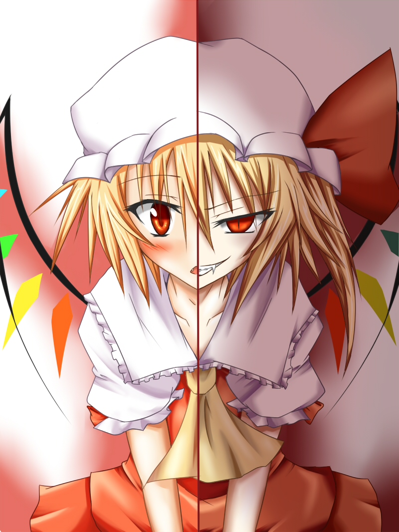 suterii, flandre scarlet, embodiment of scarlet devil, touhou, bad id, bad pixiv id, 1girl, ascot, blonde hair, blush, dual persona, fang, female focus, grin, hat, looking at viewer, red eyes, short hair, side ponytail, simple background, slit pupils, smile, solo, split screen, split theme, upper body, vampire, wings, yandere, you gonna get raped