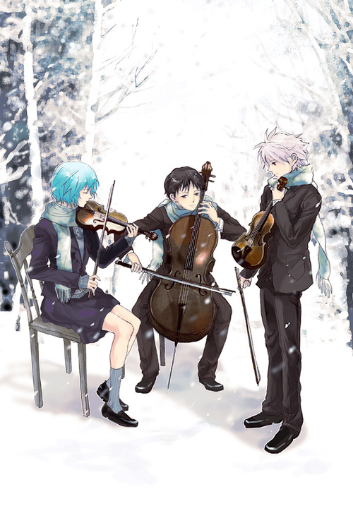 ni-co, niko (silent.whitesnow), ayanami rei, ikari shinji, nagisa kaworu, neon genesis evangelion, silver hair, bad id, bad pixiv id, 1girl, 2boys, androgynous, cello, chair, formal clothes, instrument, looking down, multiple boys, red hair, scarf, snow, suit, violin