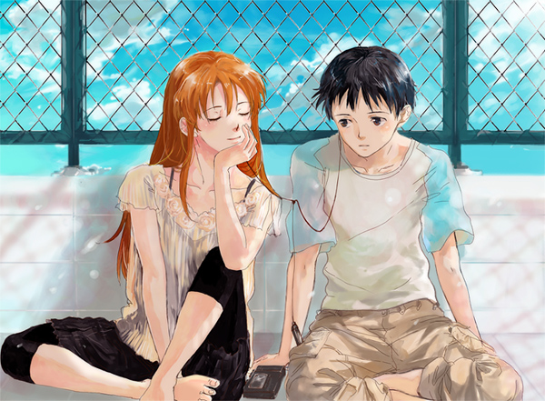 ni-co, niko (silent.whitesnow), ikari shinji, souryuu asuka langley, neon genesis evangelion, walkman, bad id, bad pixiv id, 1boy, 1girl, barefoot, black hair, brown eyes, cassette player, casual, chain-link fence, closed eyes, cloud, couple, earbuds, earphones, fence, head rest, hetero, long hair, raglan sleeves, red hair, shared earphones, sharing, short hair, sitting, sky