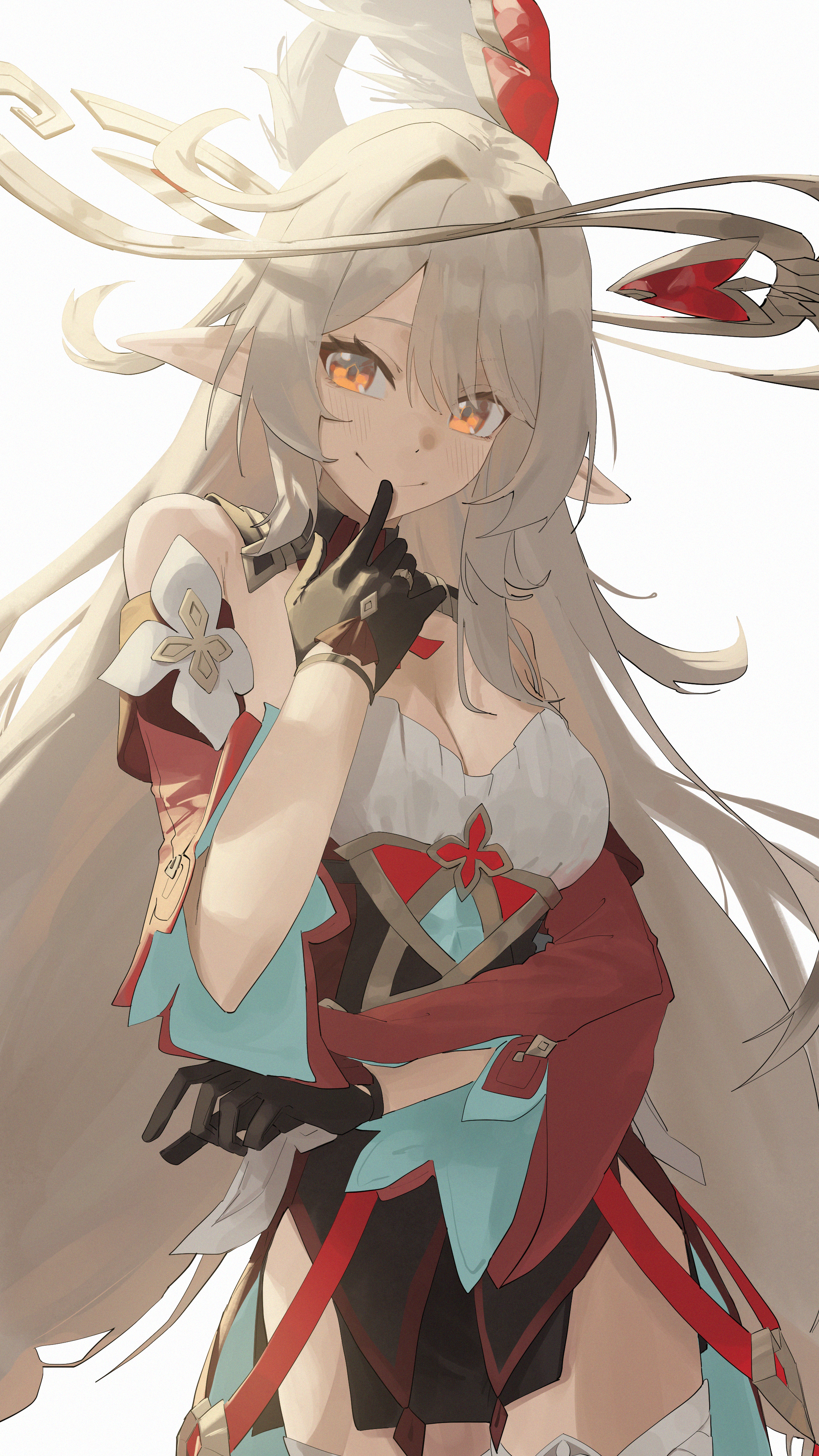 lupinu5, alice (genshin impact), genshin impact, absurdres, commentary request, highres, 1girl, black gloves, blonde hair, breasts, cleavage, cowlick, dress, gloves, gold halo, hat, large breasts, long hair, looking at viewer, orange eyes, pointy ears, red dress, simple background, smile, solo, very long hair, white background, witch hat