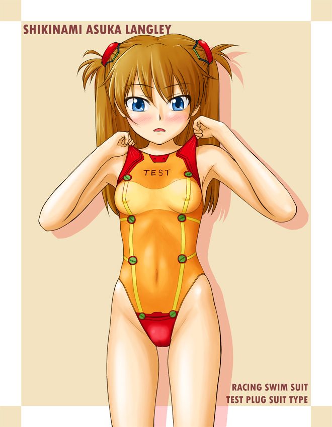 tk4, souryuu asuka langley, evangelion: 2.0 you can (not) advance, neon genesis evangelion, rebuild of evangelion, beige background, pilot suit, 00s, 1girl, adapted costume, adjusting clothes, adjusting swimsuit, armpits, blue eyes, blush, breasts, brown hair, cameltoe, character name, cleavage, clothes writing, competition swimsuit, covered erect nipples, covered navel, cowboy shot, d:, embarrassed, english text, facing viewer, female focus, groin, hairpods, hands up, headgear, highleg, highleg one-piece swimsuit, interface headset (evangelion), lifting own clothes, long hair, looking at viewer, mecha pilot suit, one-piece swimsuit, open mouth, orange one-piece swimsuit, plugsuit (evangelion), see-through cleavage, see-through clothes, shadow, simple background, small breasts, solo, standing, strap lift, surprised, swimsuit, test plugsuit (evangelion), twintails, two side up