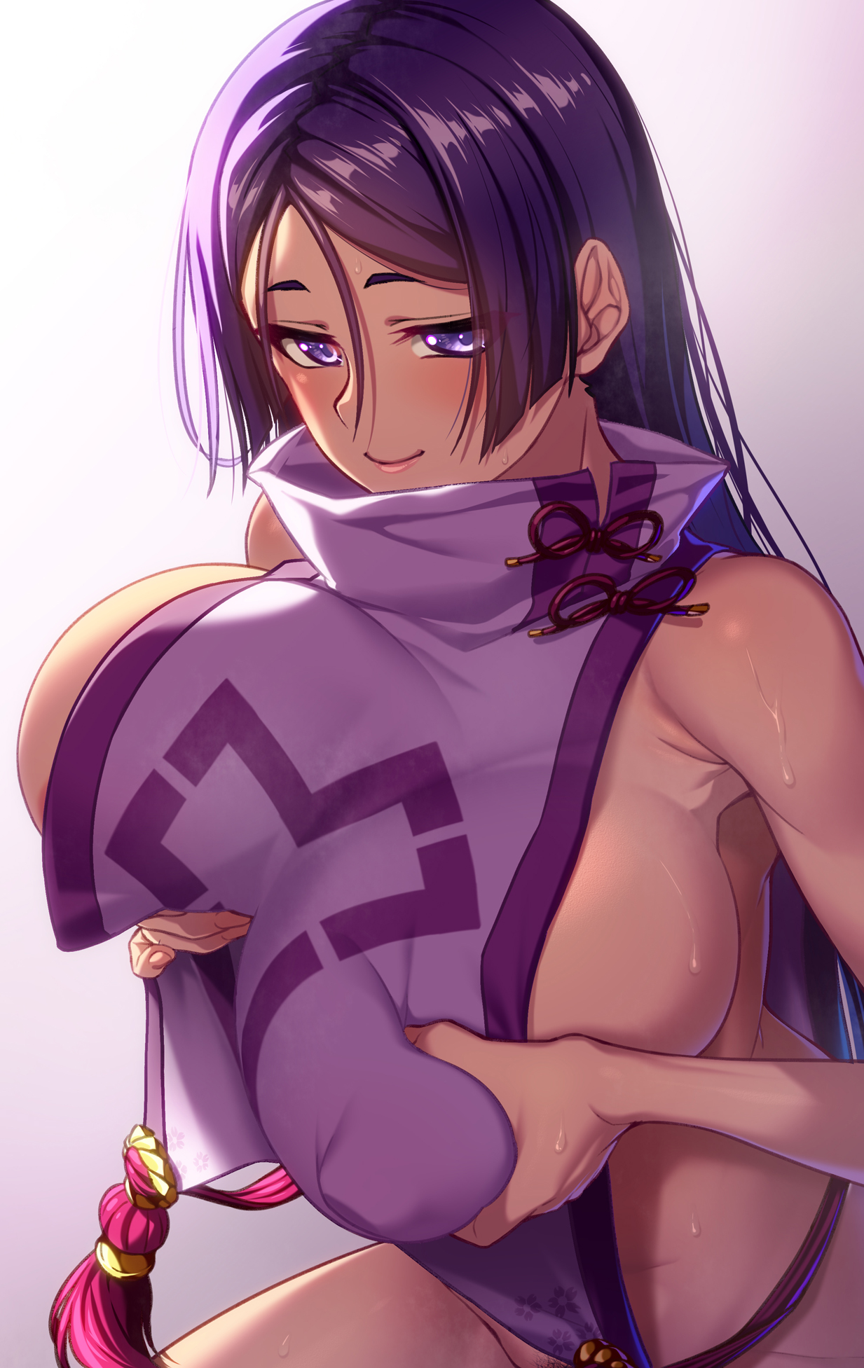 846-gou, minamoto no raikou (fate), minamoto no raikou (first ascension) (fate), fate/grand order, fate (series), commentary request, highres, 1girl, bare shoulders, blush, bottomless, breasts, female pubic hair, huge breasts, long hair, looking at viewer, parted bangs, pubic hair, pubic hair peek, purple eyes, purple hair, purple tabard, sideboob, smile, solo, tabard, tassel, very long hair