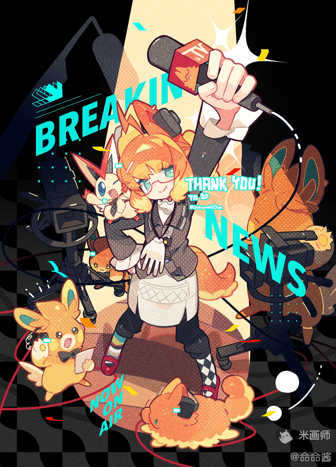 meimei (wakamoid), pawmi, nintendo, original, pokemon, character request, highres, 1girl, ;d, animal ears, argyle clothes, argyle socks, arm up, asymmetrical legwear, black pants, black shirt, closed mouth, collared shirt, fang, fang out, fox ears, fox girl, fox tail, full body, glasses, green eyes, headphones, holding, holding microphone, long sleeves, microphone, mihuashi username, mismatched legwear, one eye closed, open mouth, orange hair, outstretched arm, pants, pokemon (creature), red-framed eyewear, red shoes, shirt, shoes, short hair, skirt, smile, socks, standing, striped clothes, striped socks, tail, thank you, white skirt