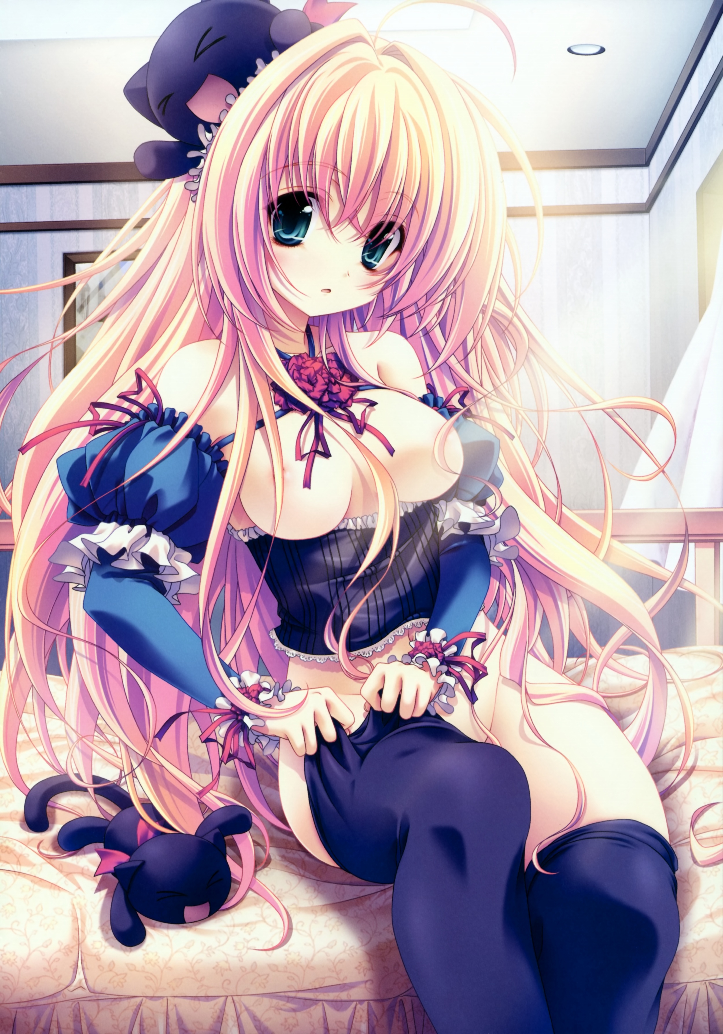 miyama-zero, absurdres, highres, 1girl, aqua eyes, bed, bedroom, blonde hair, breasts, cat, censored, convenient censoring, elbow gloves, female focus, gloves, hair over breasts, large breasts, long hair, nipples, no bra, no panties, small nipples, solo, thighhighs