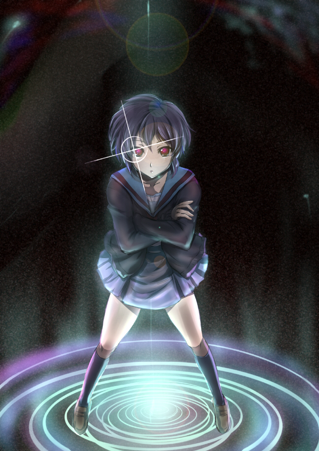 yosida komati, nagato yuki, suzumiya haruhi no yuuutsu, tengen toppa gurren lagann, cardigan, crossed arms, lens flare, parody, purple hair, school uniform, serafuku, short hair, solo
