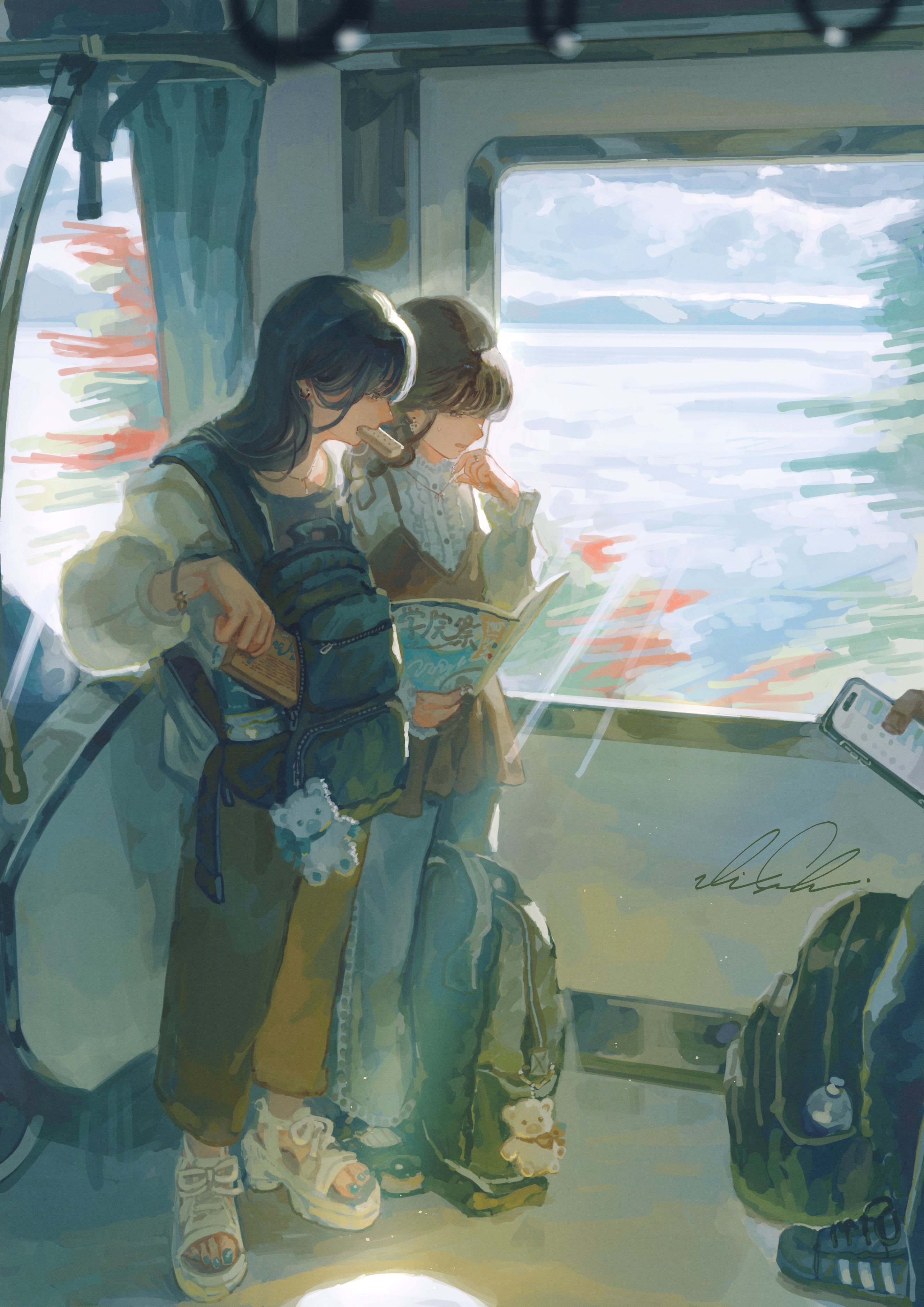 shigre, original, absurdres, commentary request, highres, 2girls, backpack, bag, black hair, book, bracelet, brown dress, charm (object), denim, dress, earrings, food in mouth, front backpack, hand grip, holding, holding book, jeans, jewelry, long hair, multiple girls, nail polish, open book, pants, sandals, shirt, subway, train interior, vehicle interior, white shirt