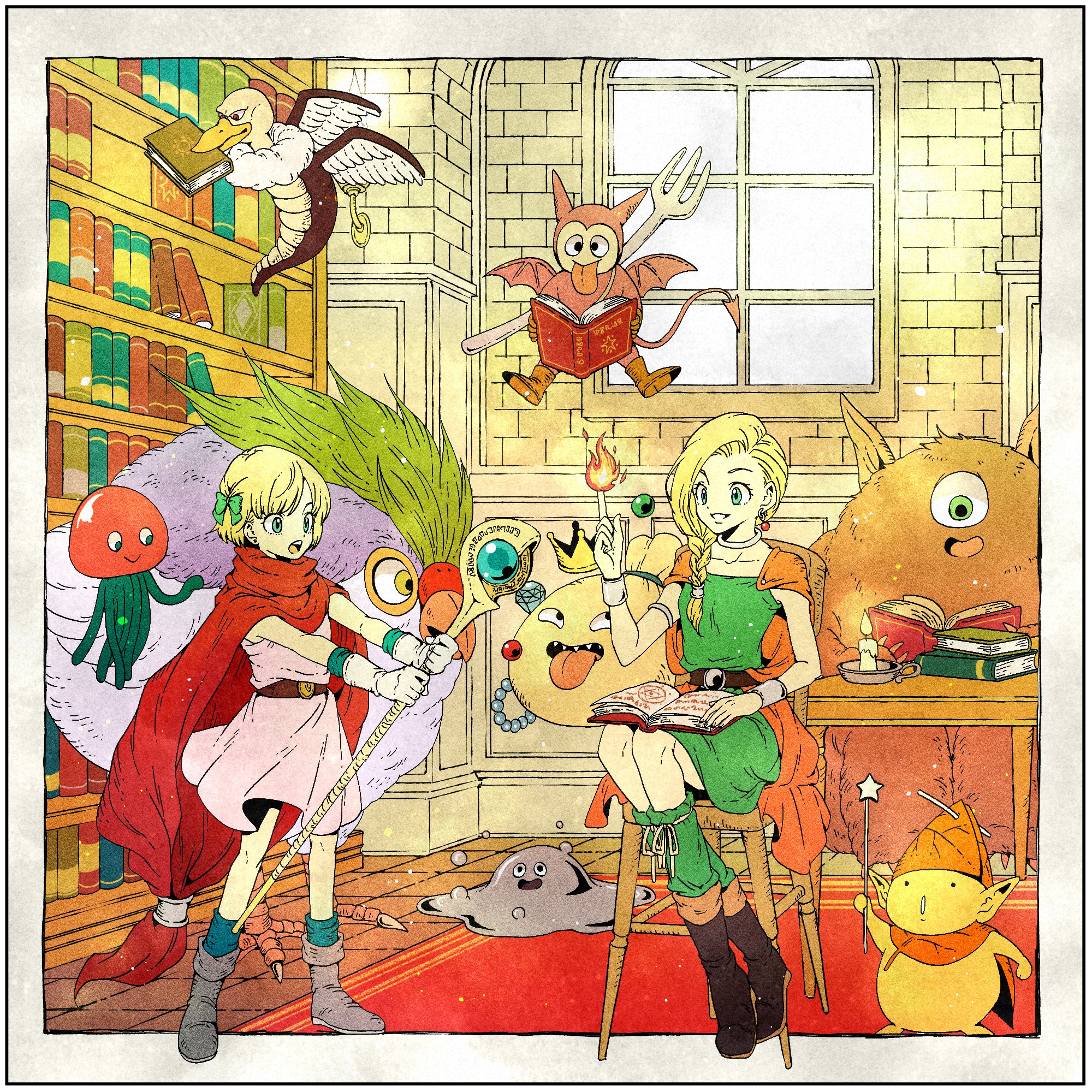 toriga, bianca (dq5), chimaera (dragon quest), goodybag (dragon quest), healslime, hero's daughter (dq5), imp (dragon quest), liquid metal slime (dq), dragon quest, dragon quest v, commentary request, highres, 2girls, blonde hair, blunt bangs, bob cut, book, book on lap, bow, bracelet, braid, cape, dress, green bow, green dress, hair bow, hair over shoulder, holding, holding staff, jewelry, long hair, looking at another, monster, mother and daughter, multiple girls, neck ring, open mouth, orange cape, pink cape, ponytail, short hair, single braid, sitting, staff