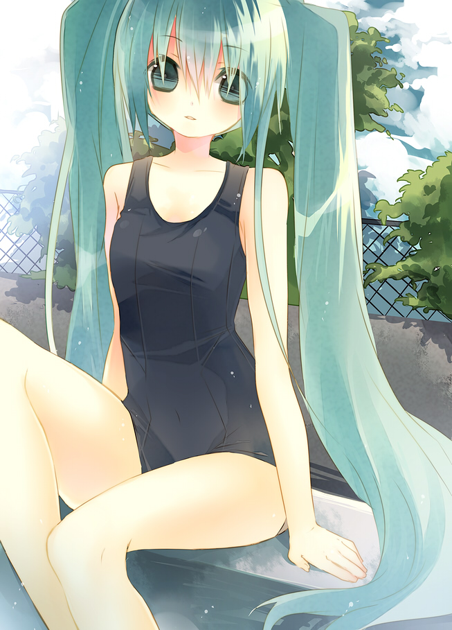 yamiya (8 18dlq), hatsune miku, vocaloid, bad id, bad pixiv id, 1girl, aqua hair, black one-piece swimsuit, female focus, long hair, one-piece swimsuit, school swimsuit, sitting, solo, swimsuit, twintails, very long hair
