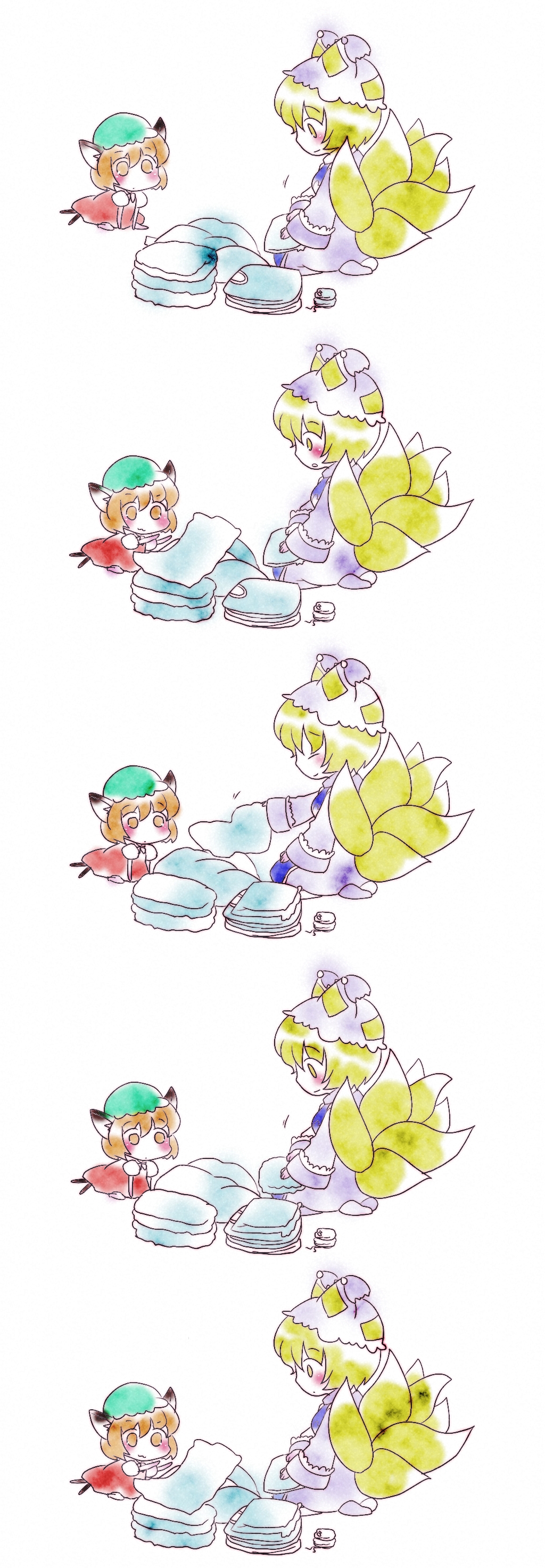 sen1986, chen, yakumo ran, touhou, clothes, absurdres, highres, :3, animal ears, cat ears, cat girl, cat tail, chibi, comic, female focus, fox tail, seiza, silent comic, sitting, tail, towel