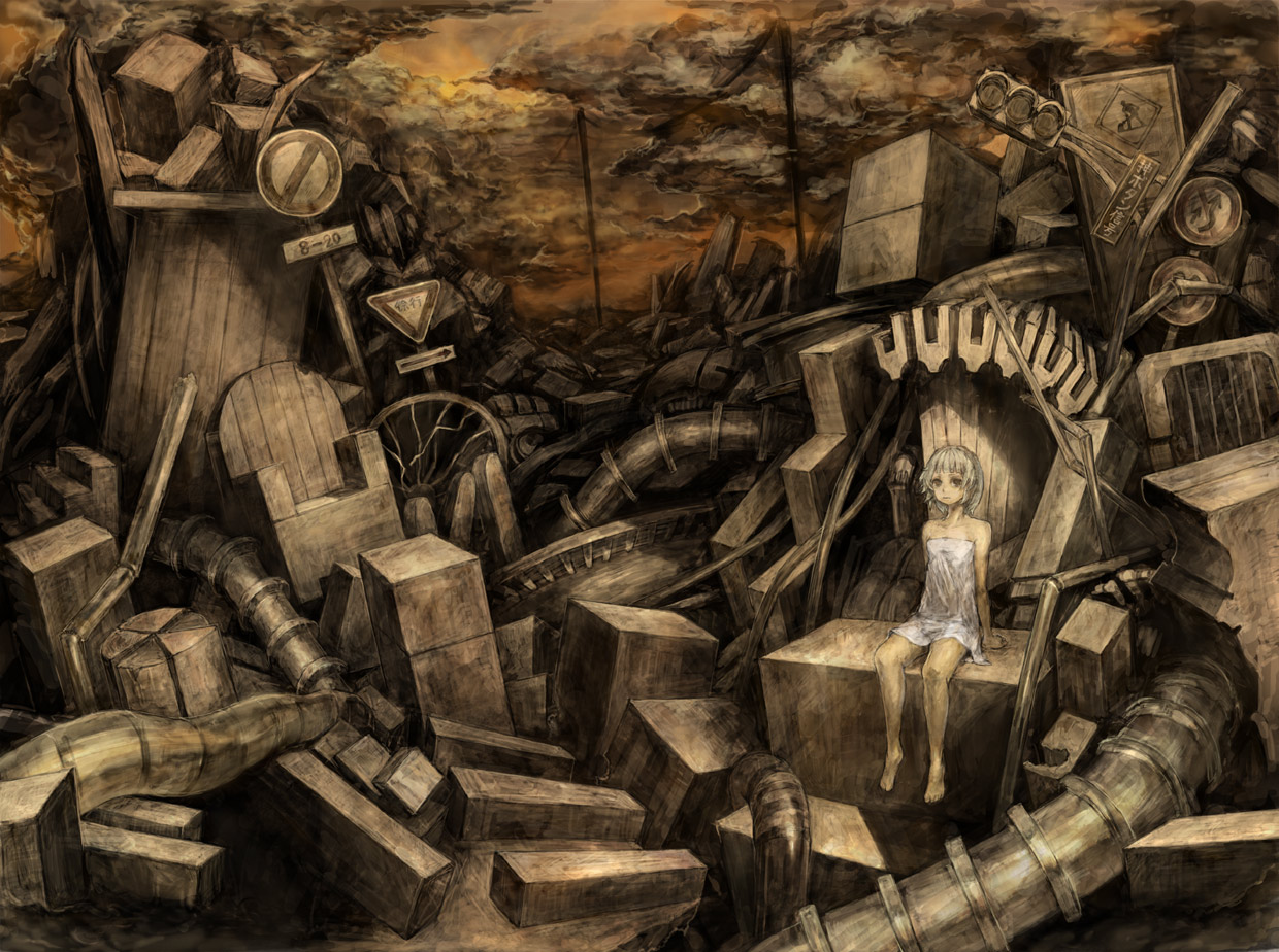 toyo, original, bad id, bad pixiv id, 1girl, bare shoulders, barefoot, cloud, female focus, junk, junkyard, no entry sign, no overtaking sign, outdoors, post-apocalypse, road closed to vehicles sign, road sign, roadworks sign, ruins, scenery, short hair, sign, sitting, sky, slow down sign, solo, speed limit sign, stop sign, traffic light