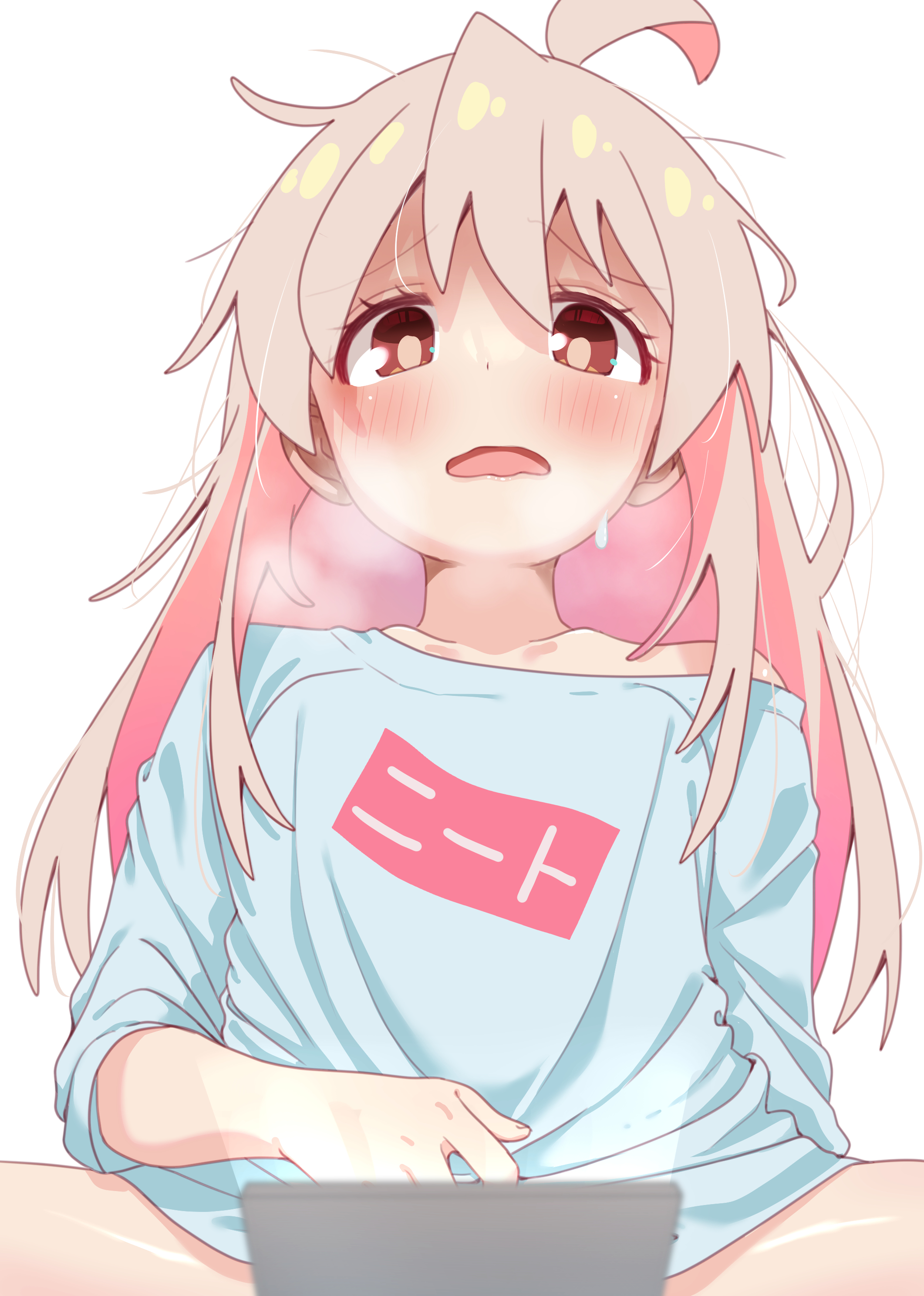 shiina excel, oyama mahiro, onii-chan wa oshimai!, absurdres, commentary request, highres, 1girl, ahoge, blue shirt, blush, brown eyes, hair between eyes, implied masturbation, long hair, mirror, open mouth, pink hair, shirt, simple background, sleeves rolled up, smile, solo, steaming body, thighs, tongue, white background