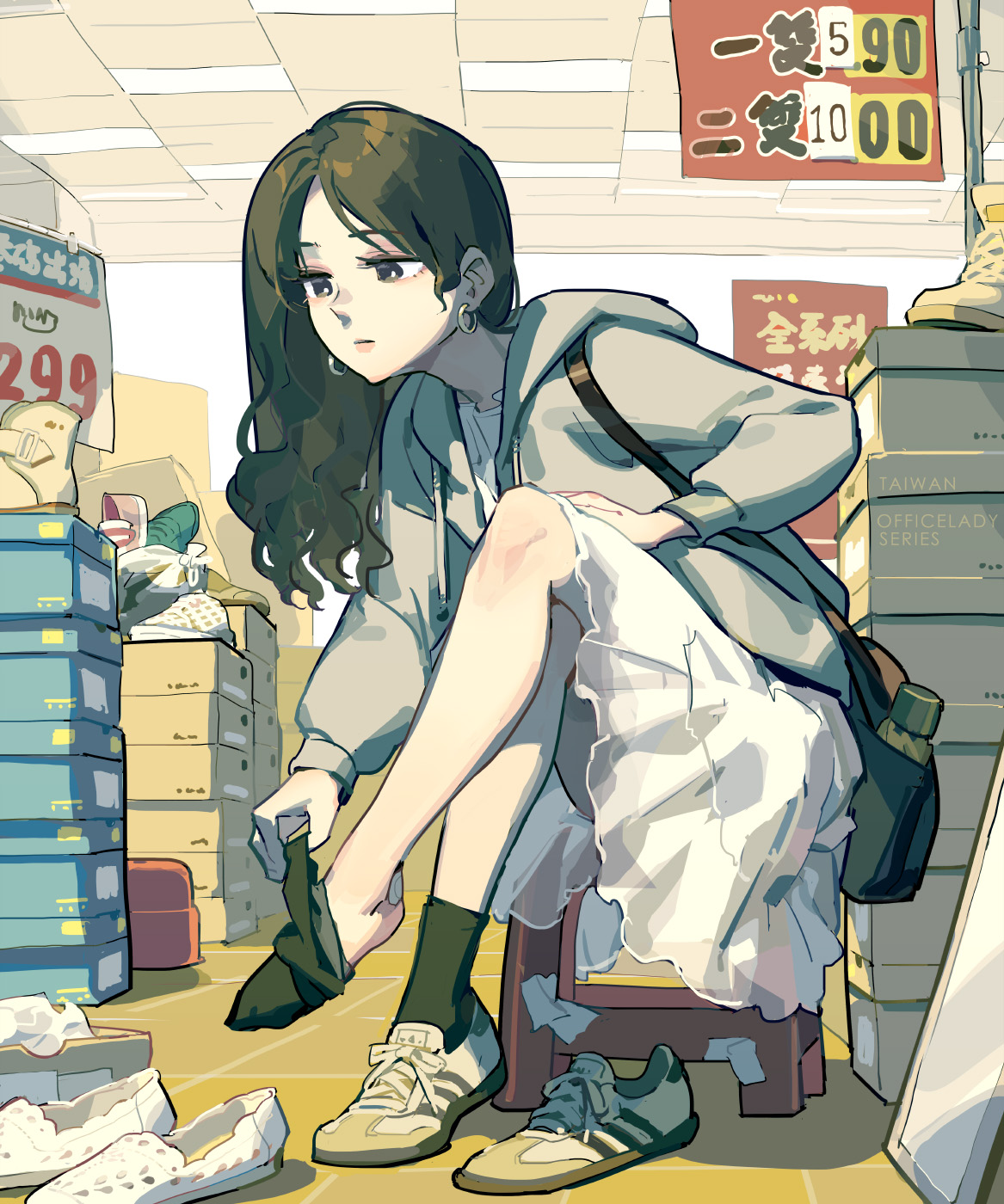 tennohi, commentary request, highres, 1girl, black eyes, black hair, earrings, jacket, jewelry, long hair, office lady taiwan, open clothes, open jacket, removing sock, shoes, sitting, skirt, solo, unworn shoes