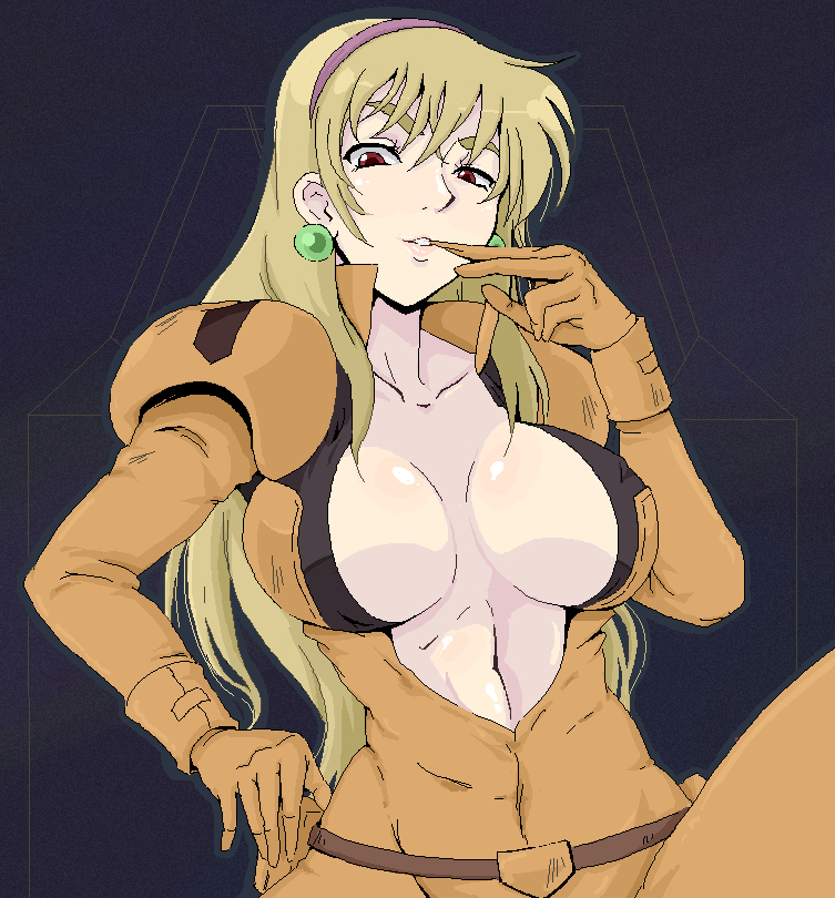 sima (sima30), katejina loos, gundam, victory gundam, pilot suit, bad id, bad pixiv id, 1990s (style), 1girl, blonde hair, bodysuit, breasts, earrings, female focus, hairband, jewelry, large breasts, long hair, mecha pilot suit, normal suit (gundam), oekaki, open bodysuit, open clothes, open shirt, orange shirt, retro artstyle, shirt, solo