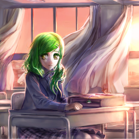 jikan harushoku, kochiya sanae, touhou, lowres, 1girl, alternate costume, bag, book, chair, cityscape, classroom, curtains, desk, female focus, floating curtains, green hair, hair ornament, hair tubes, hairclip, indoors, light smile, long hair, long skirt, long sleeves, looking at viewer, open window, plaid clothes, plaid skirt, room, school, school bag, school chair, school desk, school uniform, sitting, skirt, solo, sunlight, sunset, torii, wind, window, yellow eyes