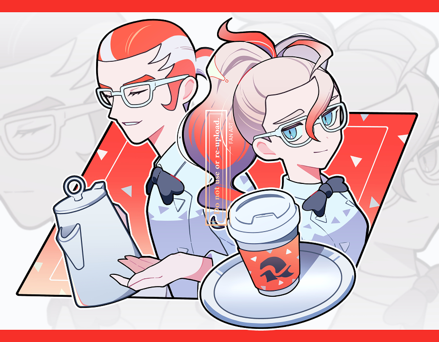 sasa kado (redbluemoon74), griselle (pokemon), grisham (pokemon), nintendo, pokemon, pokemon legends: z-a, commentary request, 1boy, 1girl, black bow, black bowtie, blue eyes, bow, bowtie, closed eyes, closed mouth, collared shirt, cup, disposable coffee cup, disposable cup, eyelashes, glasses, grin, looking at viewer, ponytail, shirt, smile, teapot, tray, watermark, white-framed eyewear, white shirt