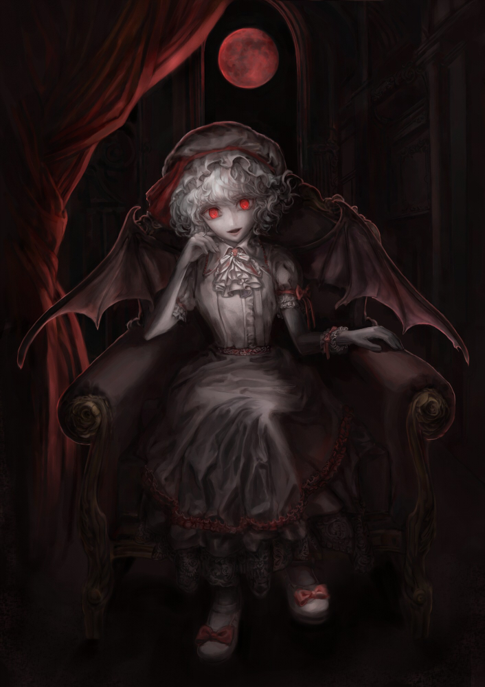 jikan harushoku, remilia scarlet, touhou, 1girl, bat wings, dark, female focus, hat, moon, pale skin, red eyes, red moon, sitting, white hair, wings