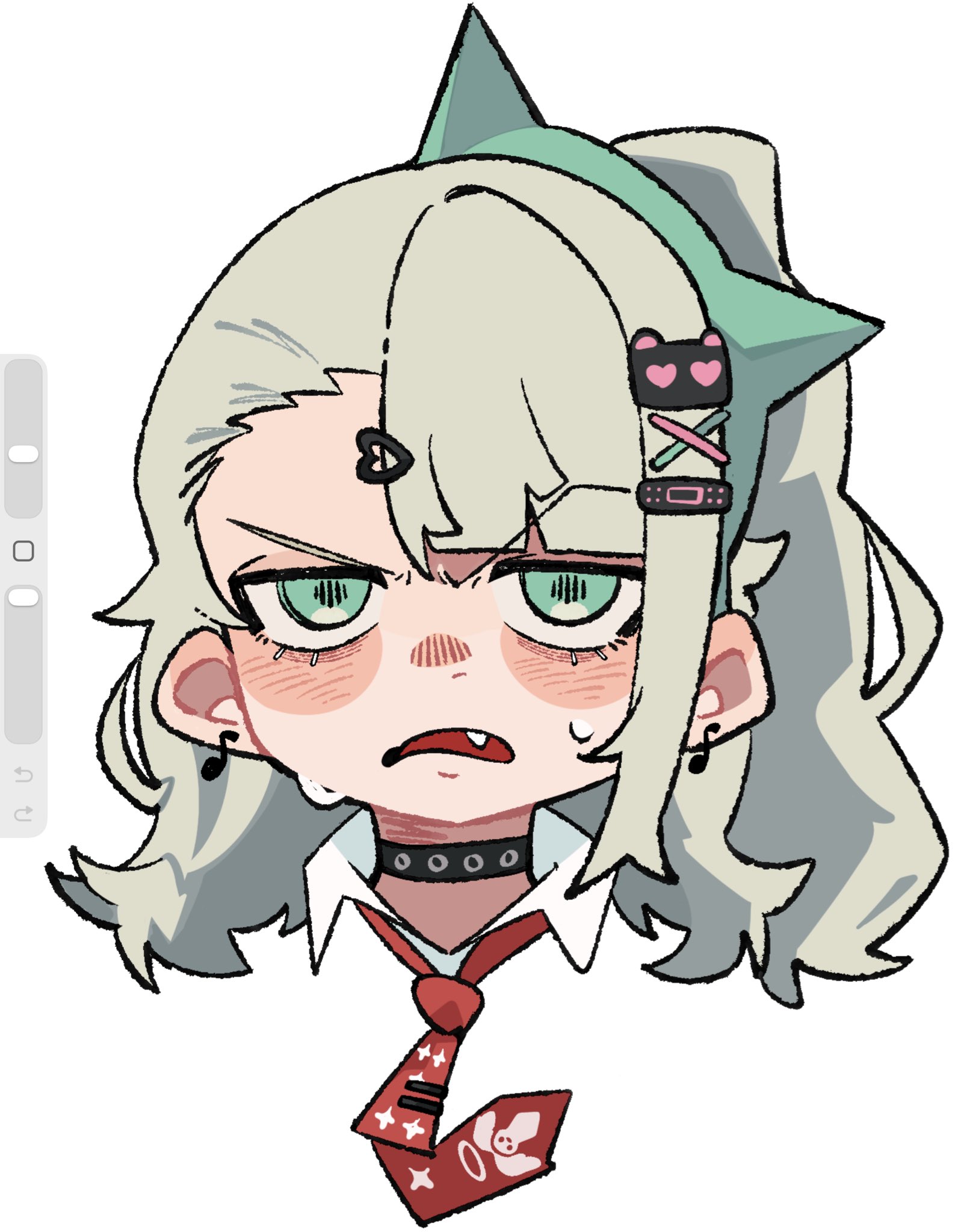 uracata, chinatsu remiel, zenless zone zero, hashtag-only commentary, highres, 1girl, bandaid, bandaid hair ornament, blush, collar, earrings, fang, green eyes, green hair, hair ornament, heart, heart hair ornament, jewelry, multiple hair clips, musical note earrings, necktie, open mouth, ponytail, portrait, print necktie, raised eyebrow, red necktie, ring hair ornament, simple background, solo, sweat, v-shaped eyebrows, white background, x hair ornament