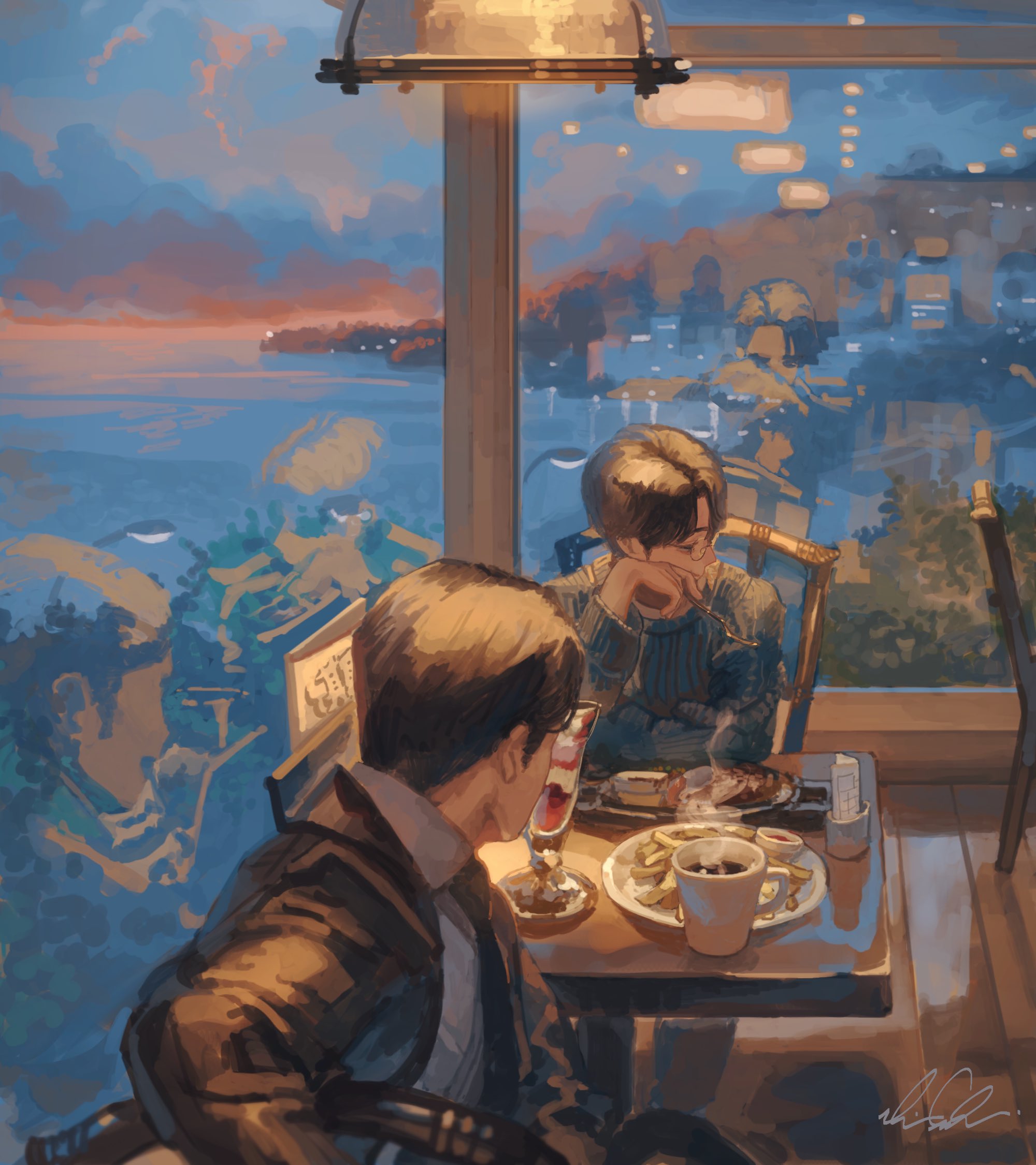 shigre, commentary request, highres, 2boys, black hair, bush, chair, cloud, coffee, food, fork, french fries, glasses, holding, holding fork, karaoke iko!, long sleeves, looking at another, looking to the side, male focus, mature male, multiple boys, narita kyouji, ocean, oka satomi, parfait, reflection, restaurant, sitting, sweater, table, window