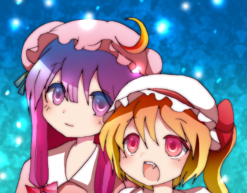 koroneri, flandre scarlet, patchouli knowledge, embodiment of scarlet devil, touhou, 2girls, fang, female focus, hat, multiple girls