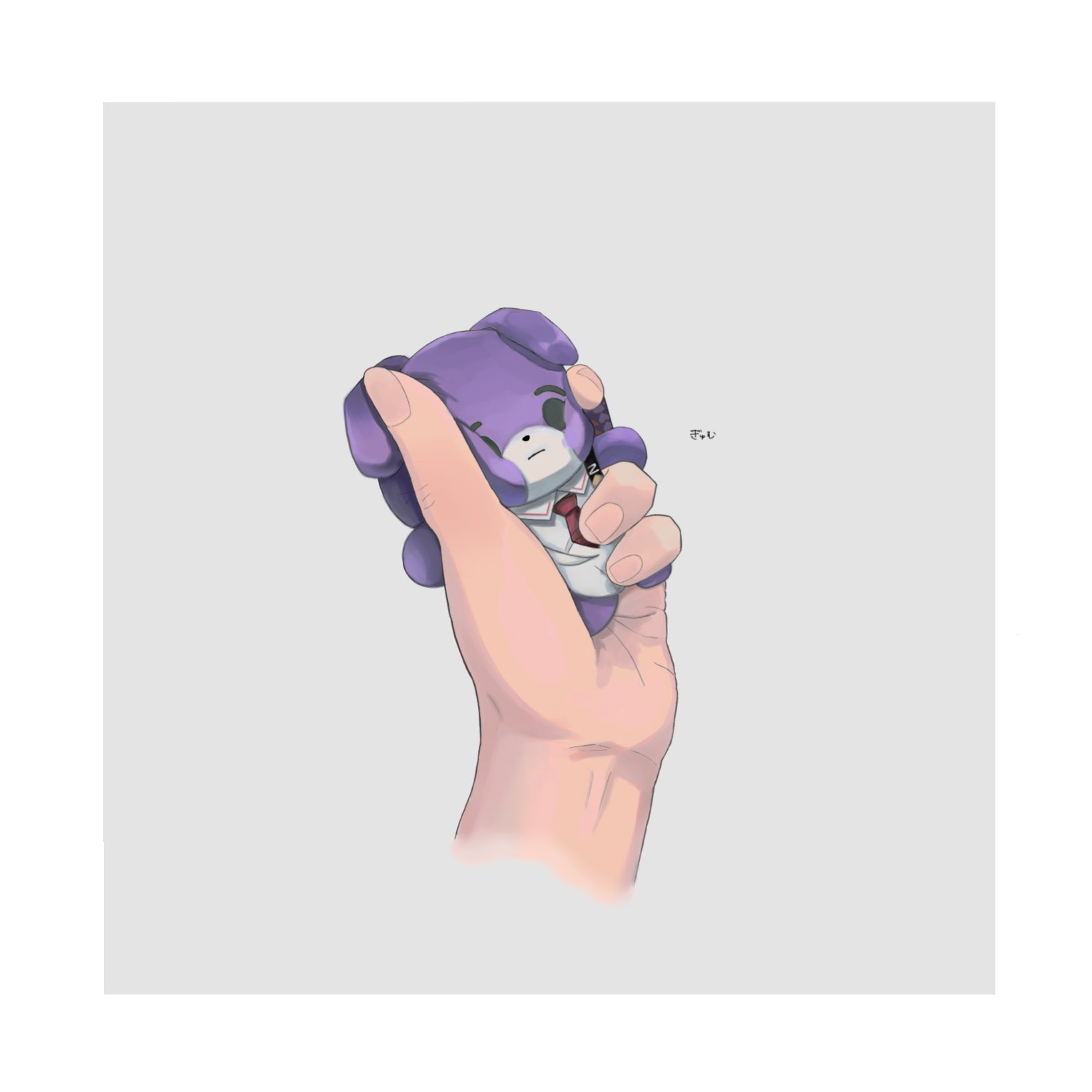 kenmochi touya, nijisanji, commentary request, highres, translation request, 1other, animalization, cheek squash, creature, detached collar, droopy ears, expressionless, grey background, hand focus, haohaojeeeee, holding, necktie, red necktie, simple background, solid circle eyes, squeezing, virtual youtuber