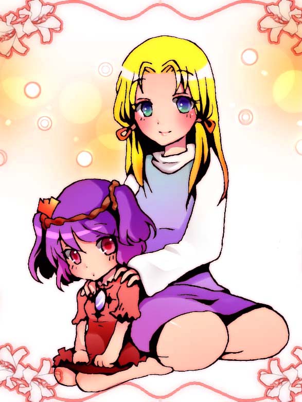 koroneri, moriya suwako, yasaka kanako, touhou, 2girls, aged down, aged up, barefoot, blonde hair, child, female focus, hair ornament, kneeling, leaf hair ornament, multiple girls, role reversal, time paradox