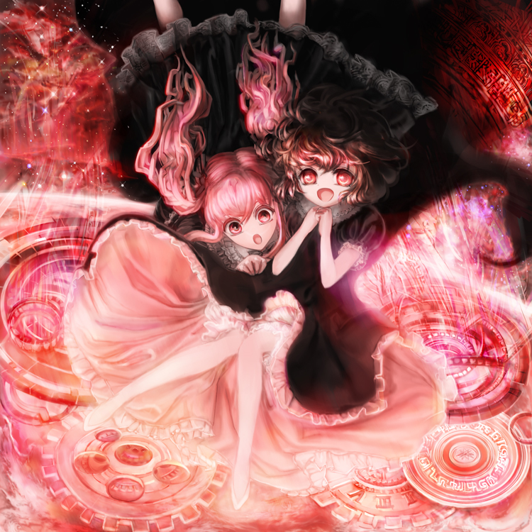 jikan harushoku, original, 2girls, falling, gears, multiple girls, red eyes, red hair, red theme, twintails