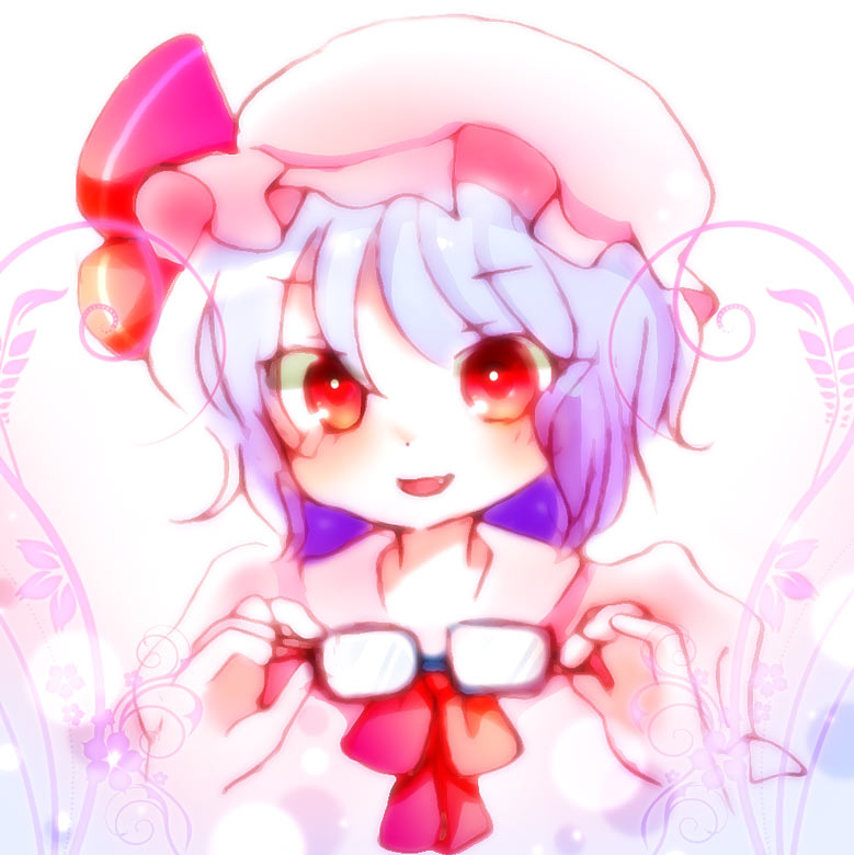 koroneri, remilia scarlet, touhou, 1girl, bespectacled, blue hair, female focus, glasses, hat, mob cap, red eyes, short hair, solo