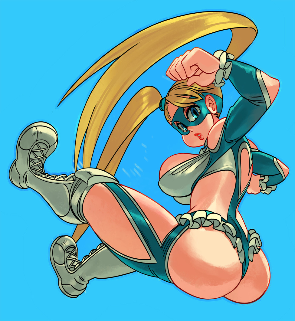 alex ahad, rainbow mika, street fighter, 1girl, ass, blonde hair, blue background, blue eyes, breasts, cleavage cutout, clothing cutout, heart cutout, large breasts, leotard, lips, long hair, looking back, mask, thong leotard, twintails, very long hair, wrestling outfit