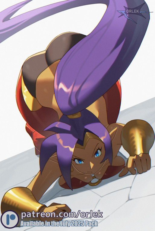 orlek, shantae, shantae (series), 1girl, ass, blue eyes, bra, bracelet, breasts, crouching, dark-skinned female, dark skin, earrings, jewelry, large breasts, long hair, pants, pointy ears, ponytail, purple hair, top-down bottom-up, underwear, very long hair