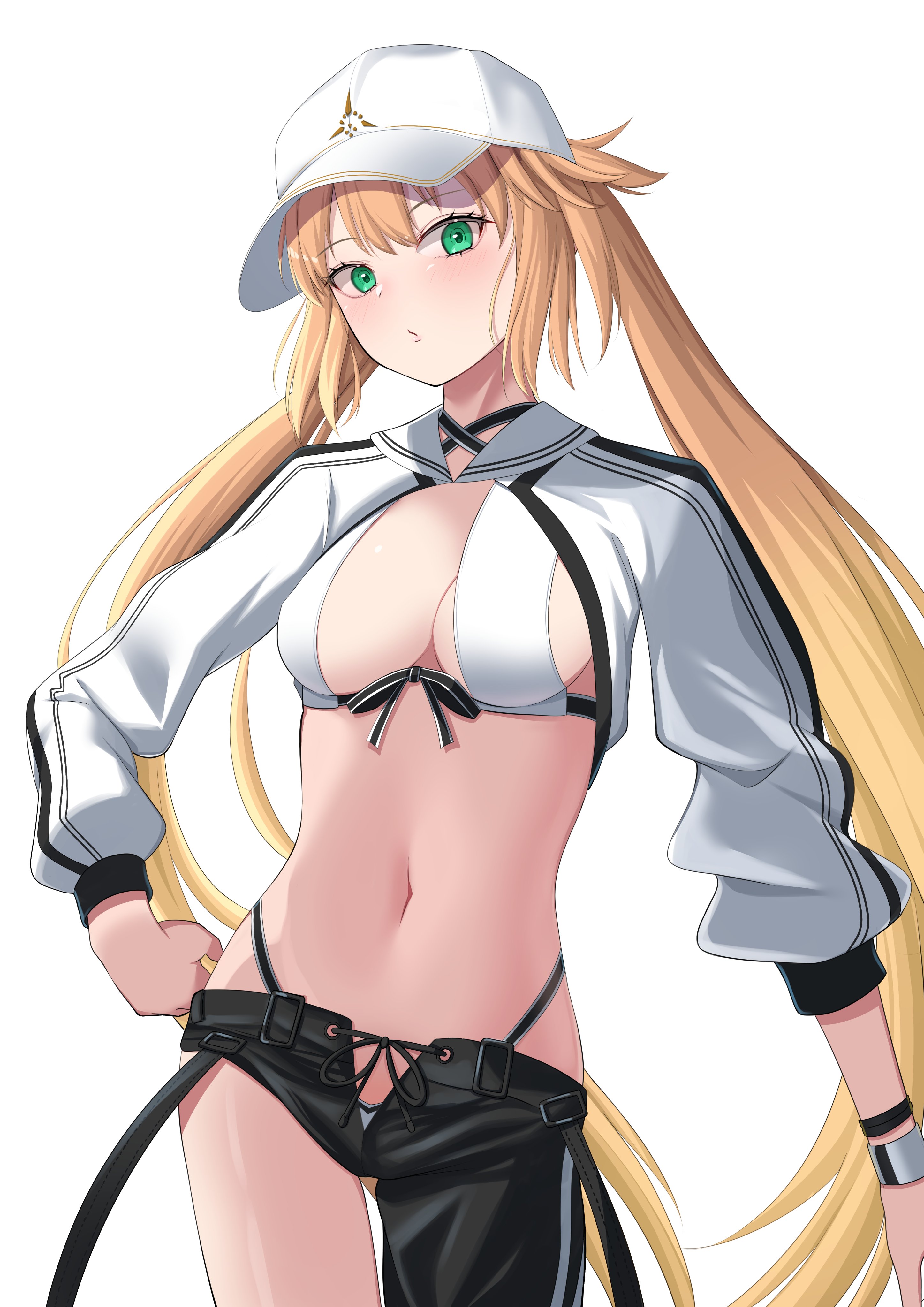 nigori (keydoor), artoria caster (fate), artoria caster (swimsuit berserker) (first ascension) (fate), artoria pendragon (fate), fate/grand order, fate (series), absurdres, commentary request, highres, 1girl, asymmetrical clothes, baseball cap, bikini, black pants, blonde hair, blush, breasts, cleavage, green eyes, hat, long hair, long sleeves, looking at viewer, medium breasts, navel, pants, shrug (clothing), single pantsleg, solo, swimsuit, thighs, twintails, white bikini, white hat, white shrug