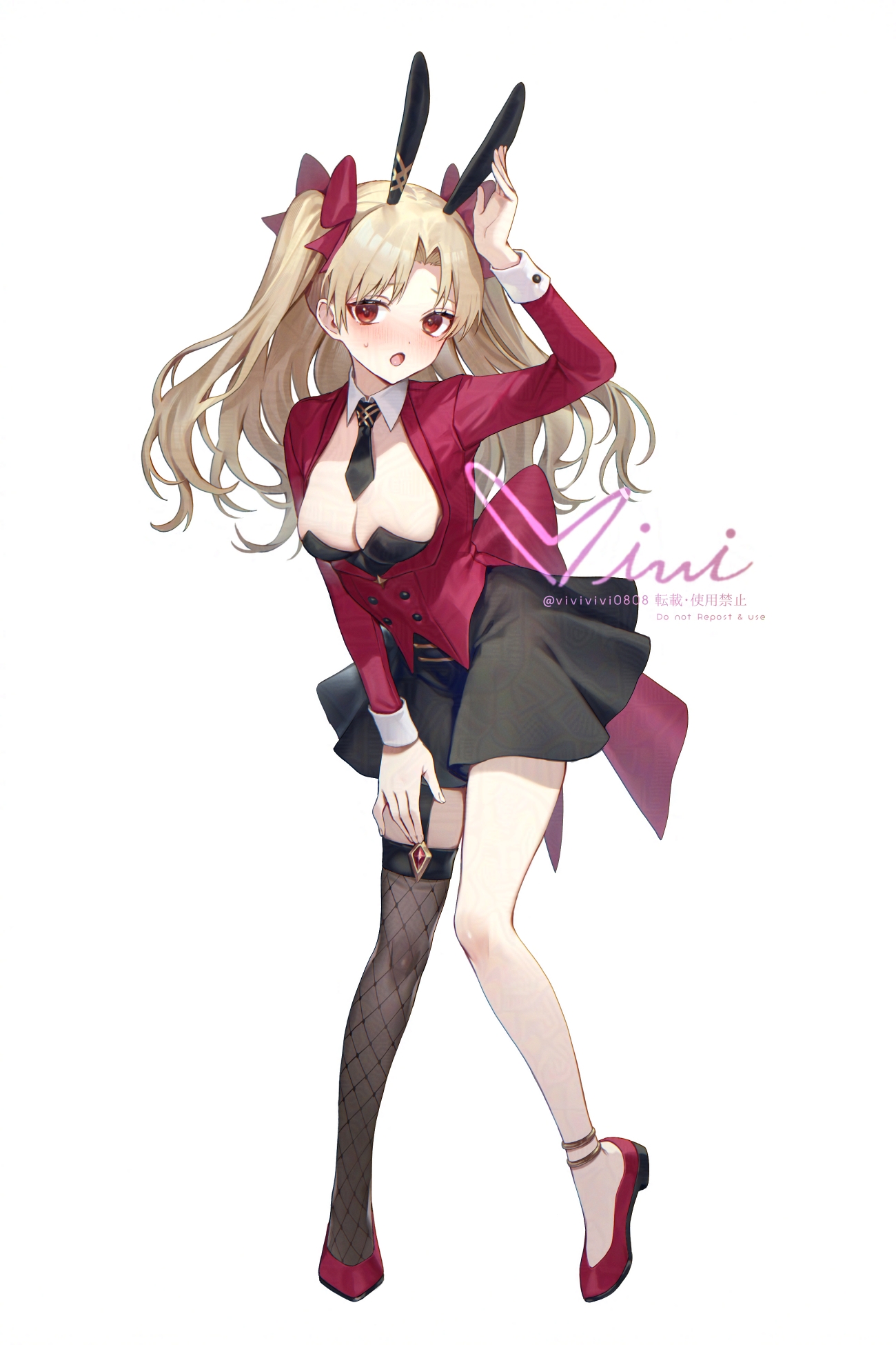 siiqa vivi, ereshkigal (fate), fate/grand order, fate (series), commentary request, highres, 1girl, animal ears, black skirt, blonde hair, blush, bow, breasts, cleavage, detached collar, fake animal ears, full body, hair bow, jacket, long hair, long sleeves, looking at viewer, medium breasts, necktie, open mouth, parted bangs, playboy bunny, rabbit ears, red eyes, red jacket, single thighhigh, skirt, solo, thighhighs, two side up