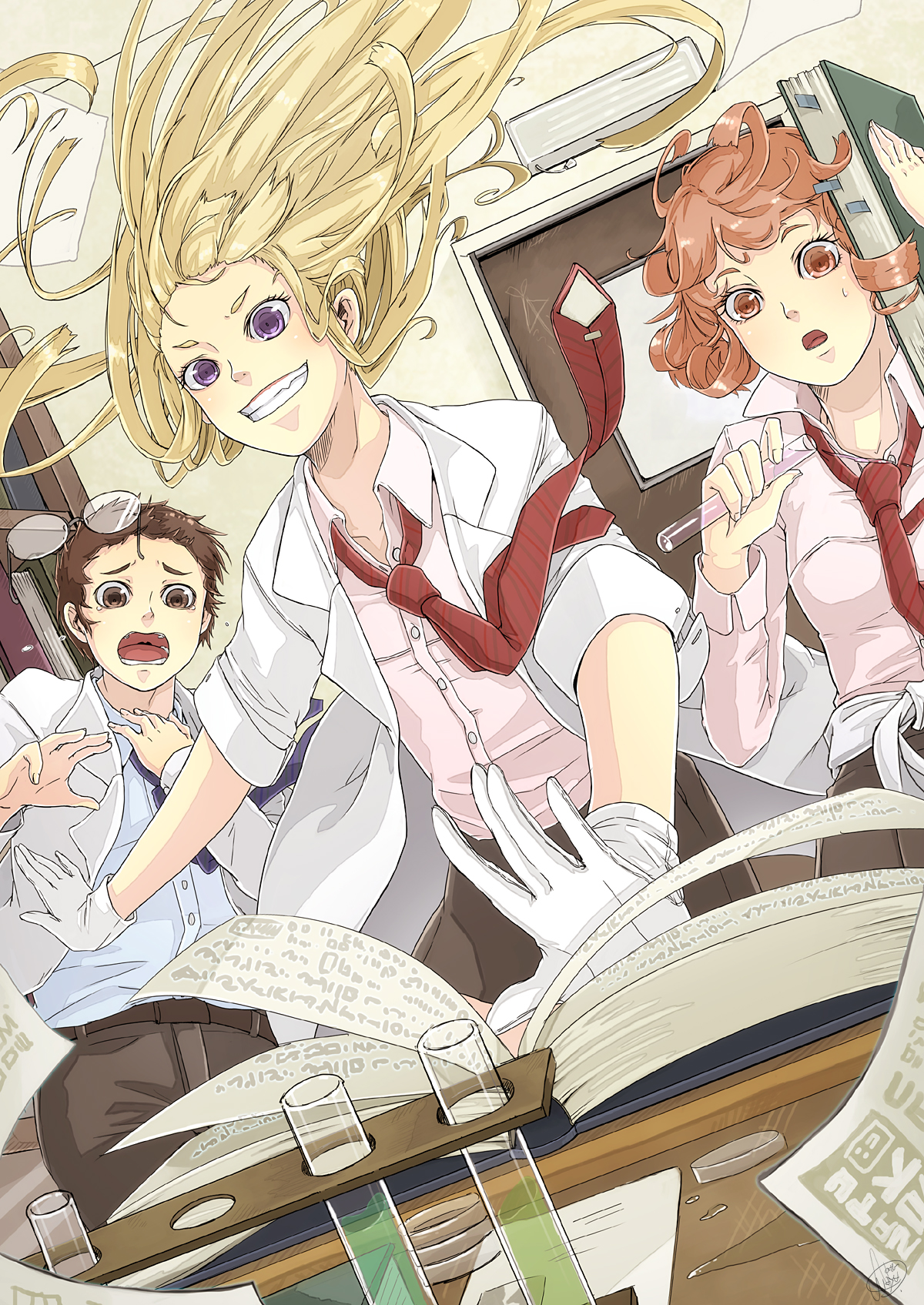 natuwaya, original, bad id, bad pixiv id, highres, blonde hair, book, brown eyes, brown hair, curly hair, glasses, gloves, grin, lab coat, long hair, necktie, purple eyes, science, short hair, smile, test tube, white gloves, wind