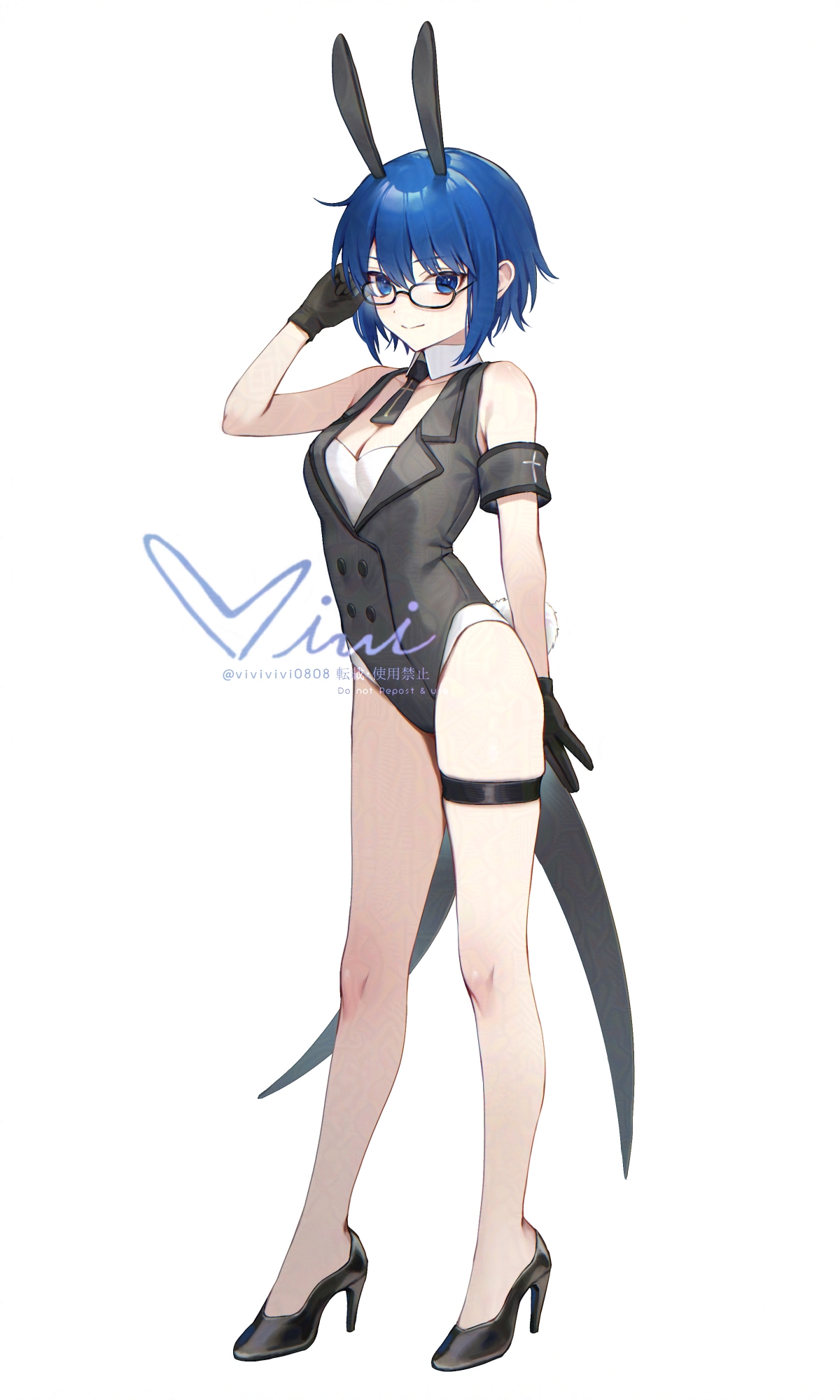 siiqa vivi, ciel (tsukihime), fate/grand order, fate (series), tsukihime, tsukihime (remake), commentary request, highres, 1girl, animal ears, armband, bare shoulders, black gloves, black leotard, blue eyes, blue hair, breasts, cleavage, coattails, detached collar, fake animal ears, fake tail, full body, glasses, gloves, high heels, highleg, highleg leotard, large breasts, leotard, looking at viewer, necktie, playboy bunny, rabbit ears, rabbit tail, short hair, smile, solo, tail, thigh strap