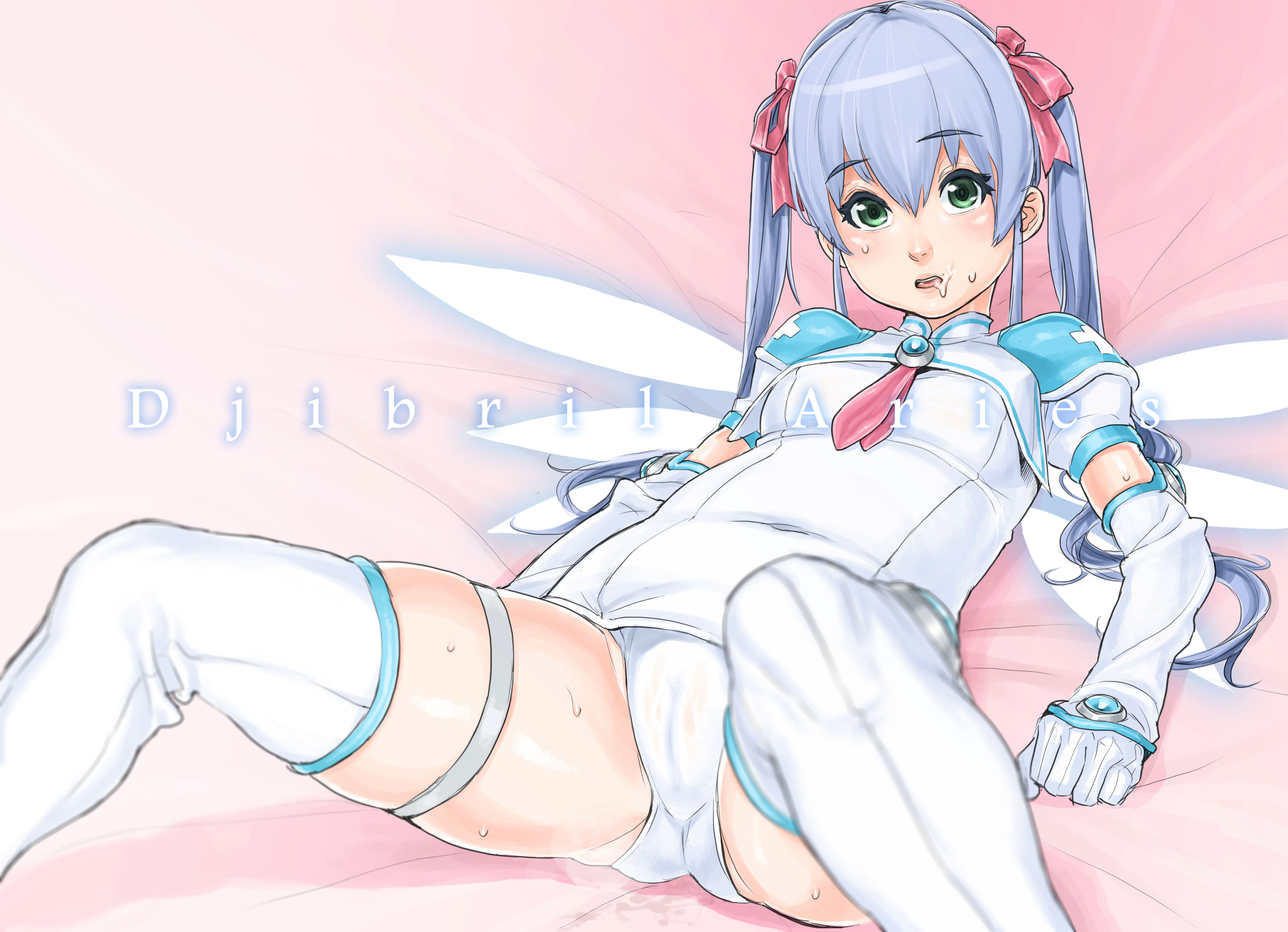 mama (mama hiro), djibril aries, jinno hikari, makai tenshi djibril, makai tenshi djibril 2, crotch, light purple hair, absurdres, bad id, bad pixiv id, highres, 1girl, :o, angel, angel wings, bed, bed sheet, blue hair, blurry, blush, boots, breasts, brooch, cameltoe, character name, clenched hand, covered navel, crop top, cross, depth of field, elbow gloves, female focus, foreshortening, gem, gloves, glowing, glowing wings, green eyes, hair between eyes, hair ribbon, indoors, jewelry, loli, long hair, looking at viewer, lying, magical girl, mini wings, necktie, on back, one-piece swimsuit, open mouth, panties, pantyshot, pink necktie, puffy short sleeves, puffy sleeves, reclining, red cross, ribbon, sailor collar, school swimsuit, shadow, shirt, short sleeves, shoulder pads, sidelocks, skindentation, small breasts, solo, spread legs, steam, sweat, swimsuit, swimsuit costume, swimsuit under clothes, thigh boots, thighhighs, thighlet, turtleneck, twintails, underwear, white gloves, white one-piece swimsuit, white school swimsuit, white thighhighs, wings