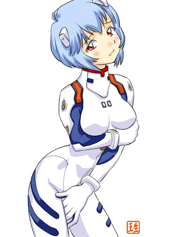ikurumi kaoru, ayanami rei, neon genesis evangelion, jpeg artifacts, 1girl, artist logo, blue hair, female focus, holding own arm, interface headset (evangelion), logo, mecha pilot suit, plugsuit (evangelion), red eyes, short hair, simple background, solo, white background