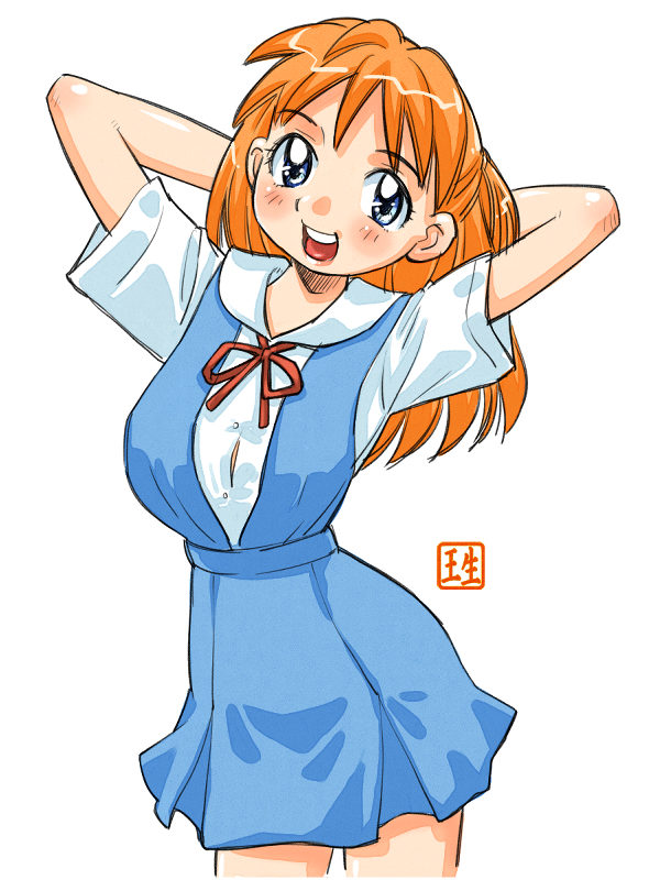 ikurumi kaoru, souryuu asuka langley, neon genesis evangelion, jpeg artifacts, 1girl, blue eyes, blush, female focus, looking at viewer, open mouth, orange hair, school uniform, signature, simple background, solo, standing, white background