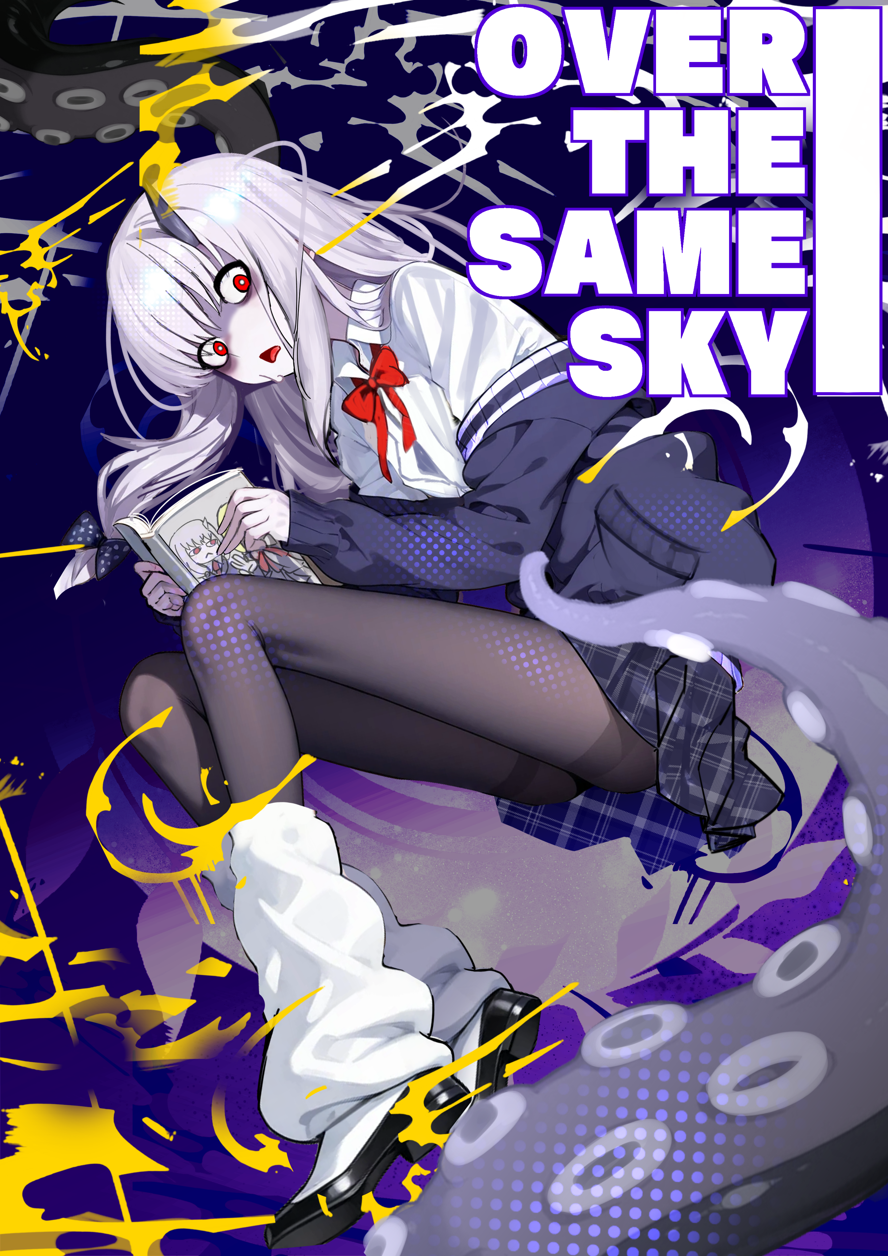 kitsunebi44410, lavinia whateley (fate), fate/grand order, fate (series), absurdres, commentary request, highres, 1girl, black shoes, blue jacket, blue skirt, blush, book, bow, bowtie, breasts, brown pantyhose, collared shirt, horns, jacket, kneehighs, lavinia whateley (over the same sky) (fate), long hair, long sleeves, loose socks, lying, off shoulder, on side, open mouth, pantyhose, plaid clothes, plaid skirt, red eyes, school uniform, shirt, shoes, single horn, skirt, small breasts, socks, solo, tentacles, thighband pantyhose, white hair, white shirt, wide-eyed