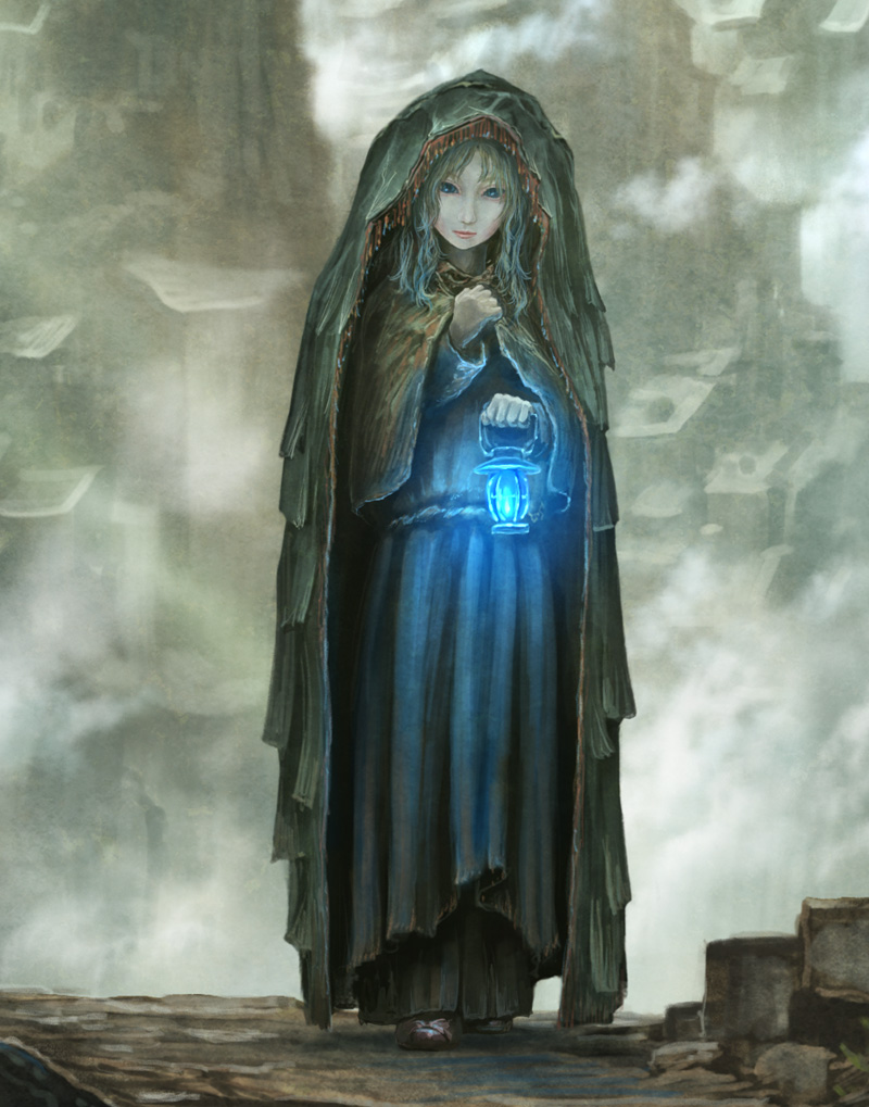 shirakaba toshiharu, original, 1girl, blue eyes, blue hair, cloak, female focus, fog, lantern, matching hair/eyes, robe, solo, walking