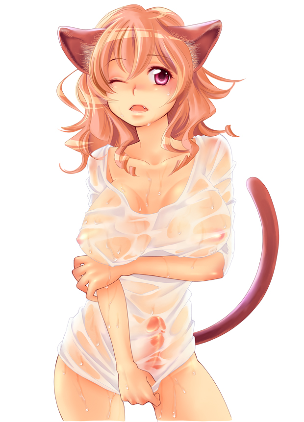guri (bluedrop), original, bad id, bad pixiv id, 1futa, animal ears, breasts, bulge, cat ears, cat tail, erection, fangs, futanari, large breasts, long hair, nipples, one eye closed, open mouth, penis, pink eyes, pink hair, see-through clothes, shirt, shirt tug, solo, tail, wet, wet clothes, wet shirt, wink