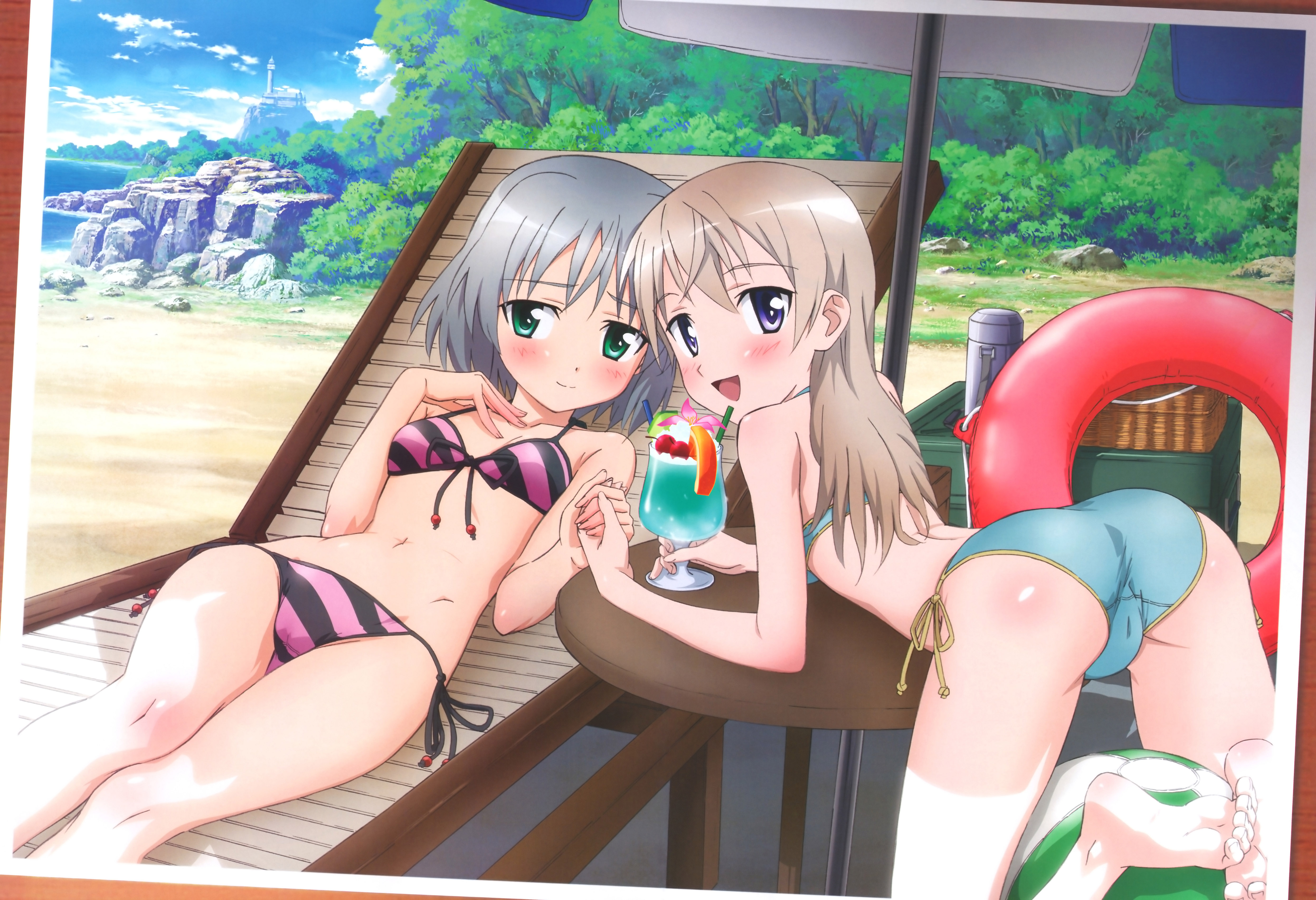 kaidou hiroyuki, eila ilmatar juutilainen, sanya v. litvyak, nyantype, strike witches, world witches series, absurdres, highres, non-web source, official art, 00s, 2girls, ass, barefoot, beach, bent over, bikini, blonde hair, blush, brown hair, chair, cup, day, drink, feet, green eyes, grey hair, holding hands, innertube, long hair, lounge chair, multiple girls, outdoors, parasol, purple eyes, short hair, side-tie bikini bottom, soles, striped bikini, striped clothes, swim ring, swimsuit, toe scrunch, toes, umbrella, water