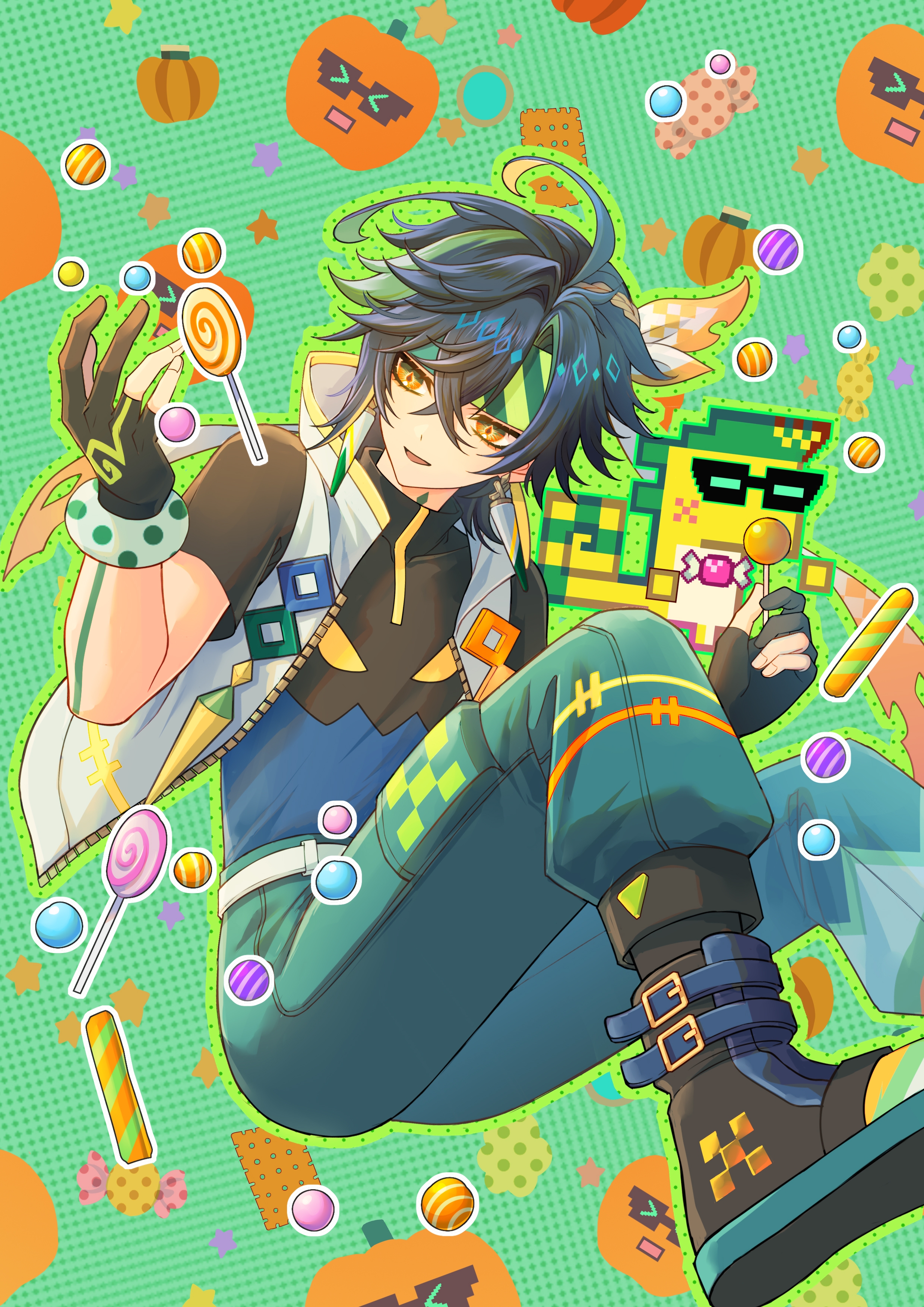 liu (erzplubdduik93g), ajaw (genshin impact), kinich (genshin impact), genshin impact, absurdres, commentary request, highres, 1boy, aqua pants, black gloves, black hair, blonde hair, candy, earrings, fingerless gloves, food, gloves, green eyes, green hair, green headband, hair between eyes, headband, holding, holding candy, holding food, holding lollipop, jacket, jewelry, lollipop, male focus, multicolored hair, multicolored shirt, open mouth, pants, solo, striped headband, white jacket