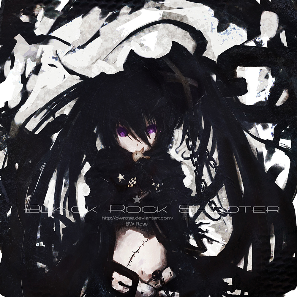 bwrose, insane black rock shooter, black rock shooter, 10s, 1girl, black hair, female focus, long hair, monochrome, pale skin, purple eyes, scar, solo, spot color, stitches