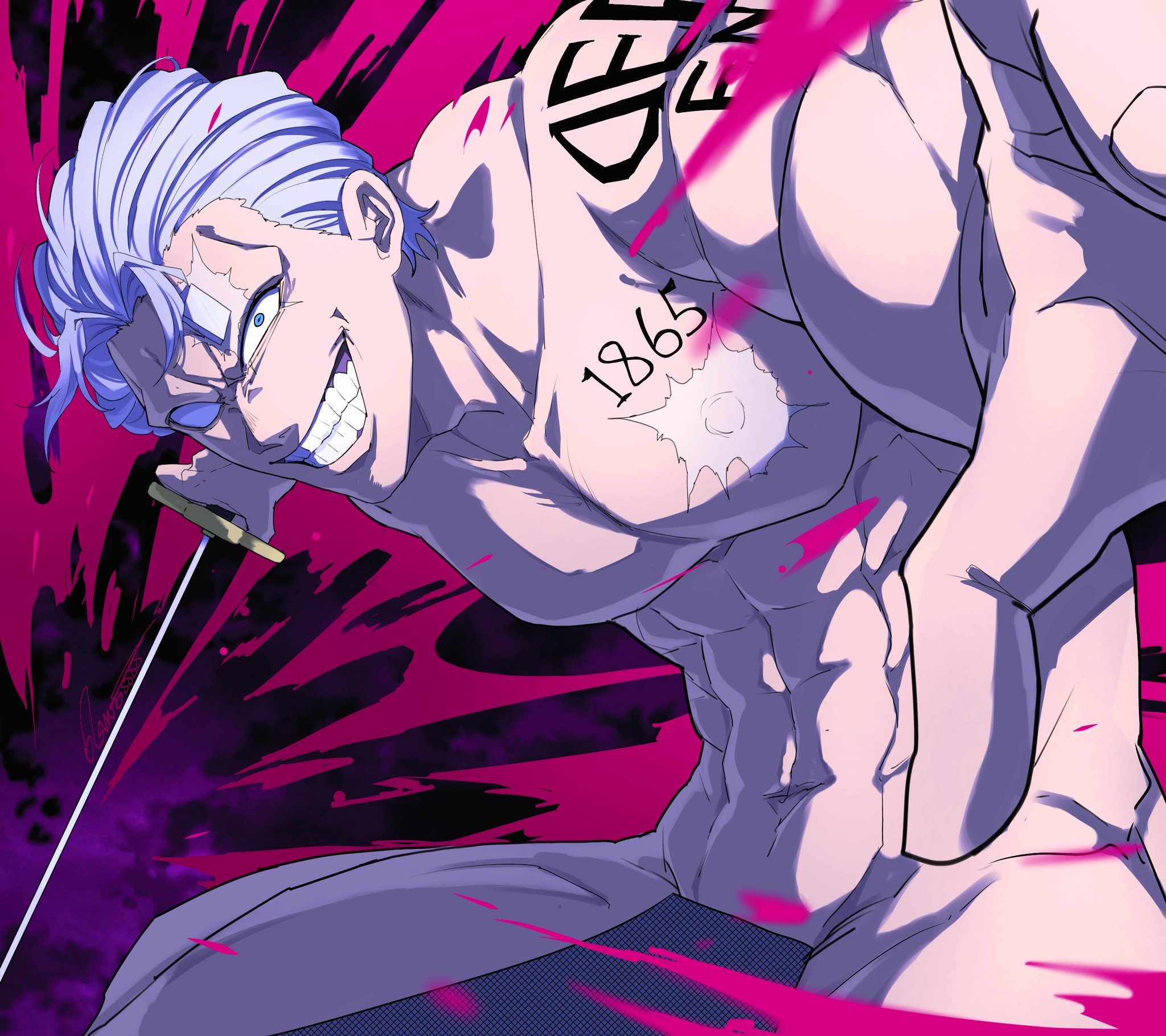sisuruto8888, andy (undead unluck), undead unluck, commentary request, highres, bar censor, blood, bright pupils, censored, chest tattoo, evil smile, katana, nude, scar, scar on face, shoulder tattoo, smile, sword, tattoo, weapon, white hair, white pupils