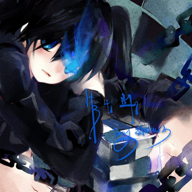 sankusa, black rock shooter (character), black rock shooter, 10s, 1girl, black hair, blue eyes, female focus, glowing, glowing eye, lips, solo