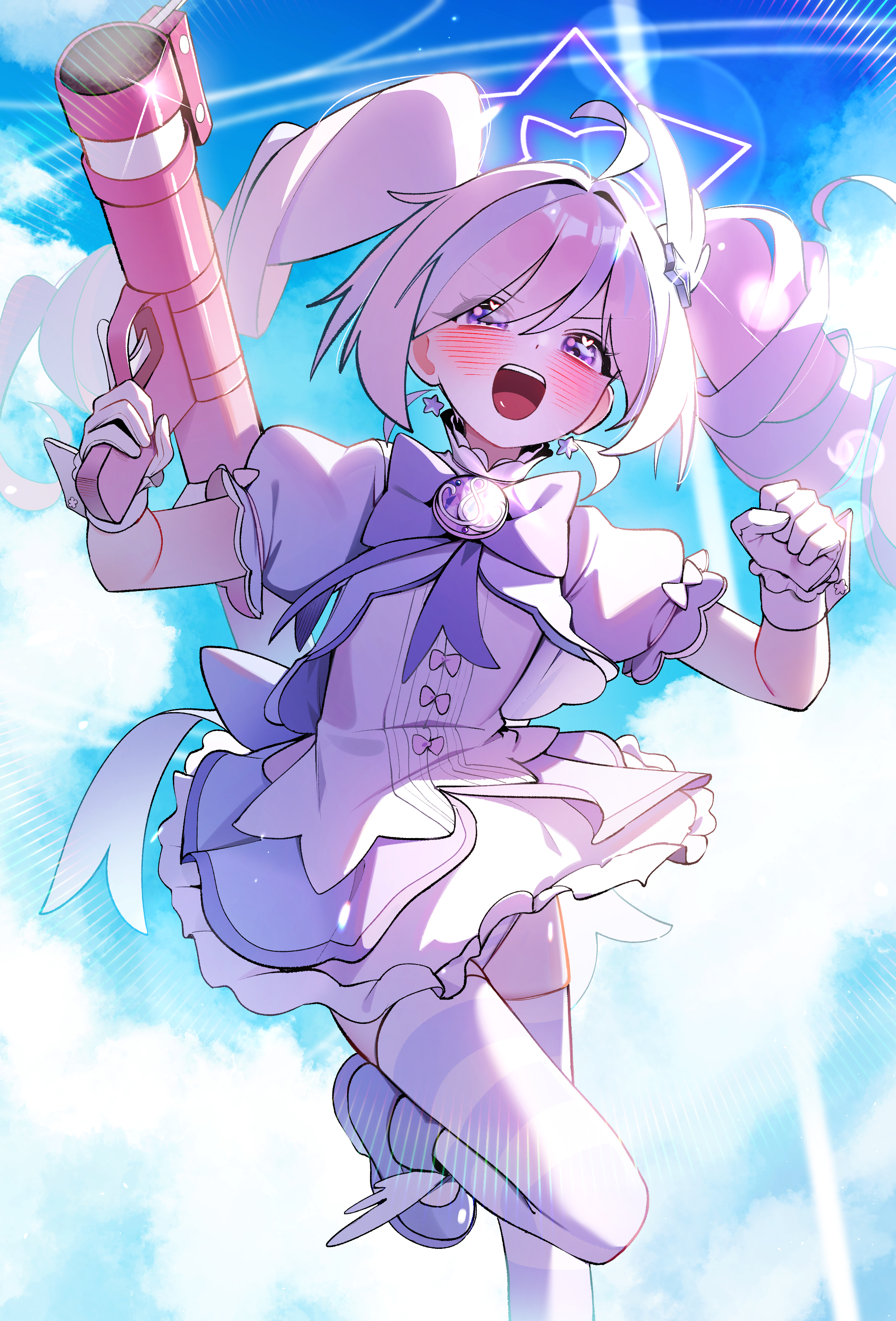 whonyang, reisa (blue archive), reisa (magical) (blue archive), blue archive, absurdres, highres, 1girl, ahoge, blue sky, blush, day, dress, gloves, halo, holding, holding rocket launcher, holding weapon, long hair, looking at viewer, open mouth, panties, pink dress, pink hair, puffy short sleeves, puffy sleeves, purple eyes, purple hair, rocket launcher, short sleeves, sky, smile, solo, star halo, striped clothes, striped panties, striped thighhighs, thighhighs, twintails, underwear, weapon, white gloves