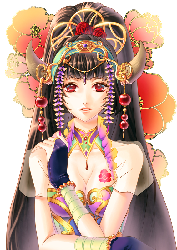 okuma mai, original, bad id, bad pixiv id, 1girl, bracelet, breasts, brown hair, camellia, cleavage, crown, female focus, flower, gloves, hair ornament, horns, jewelry, open mouth, red eyes, solo, tattoo, white background