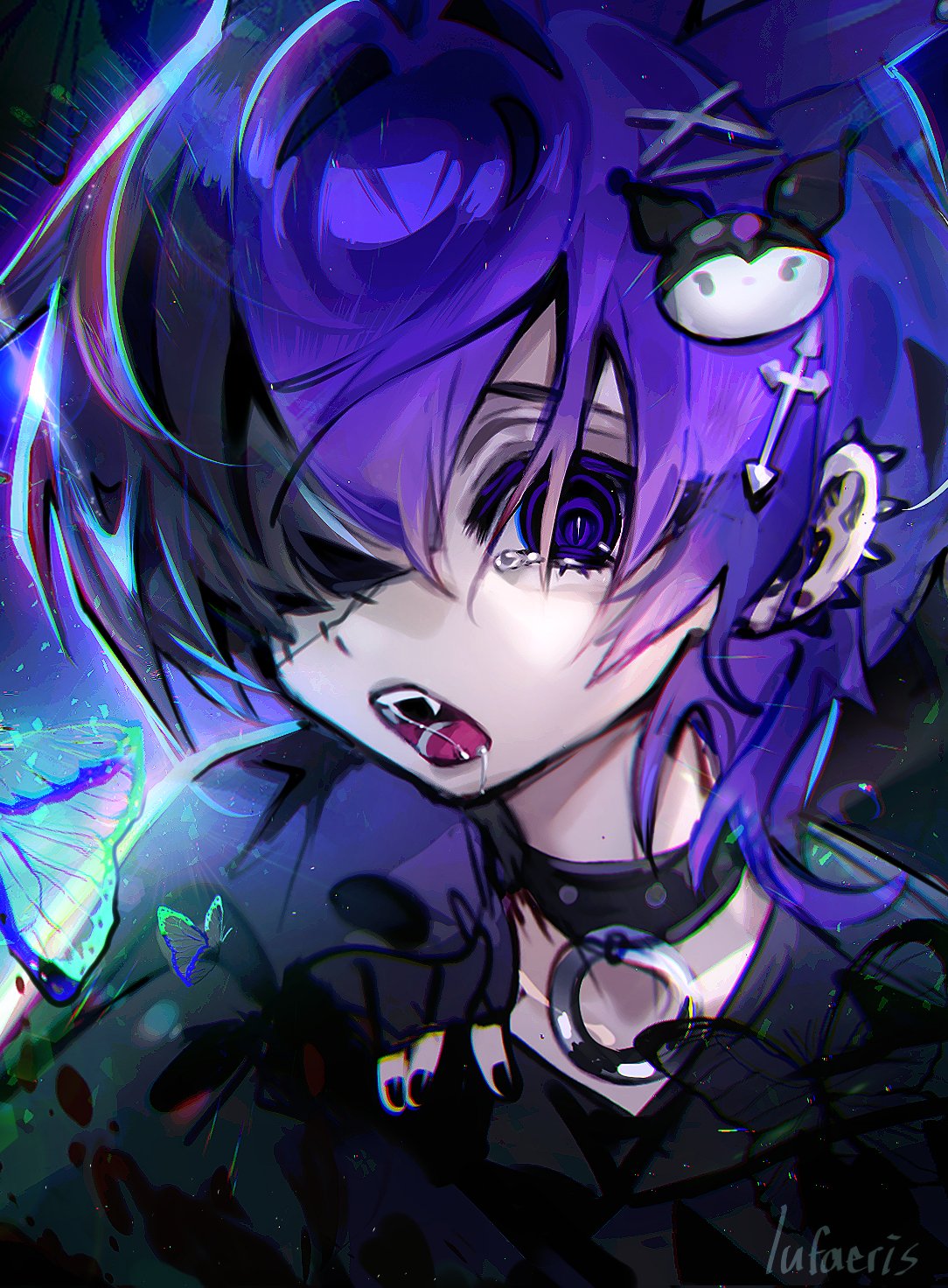 cloud (lufaeris), original, commentary, english commentary, highres, 1boy, black choker, choker, ear piercing, fangs, hair ornament, hair over one eye, hand up, long sleeves, looking at viewer, male focus, one eye covered, open mouth, piercing, purple eyes, purple hair, saliva, short hair, sleeves past wrists, solo, tearing up, upper body, x hair ornament