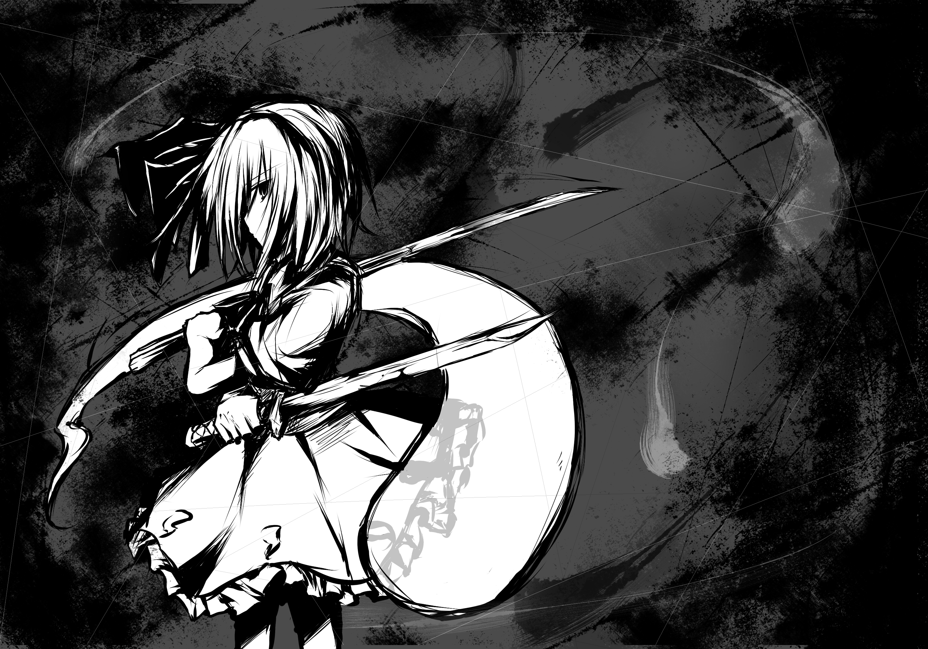 haruto28, konpaku youmu, konpaku youmu (ghost), touhou, bad id, bad pixiv id, highres, 1girl, female focus, greyscale, hitodama, holding, holding sword, holding weapon, monochrome, solo, sword, weapon