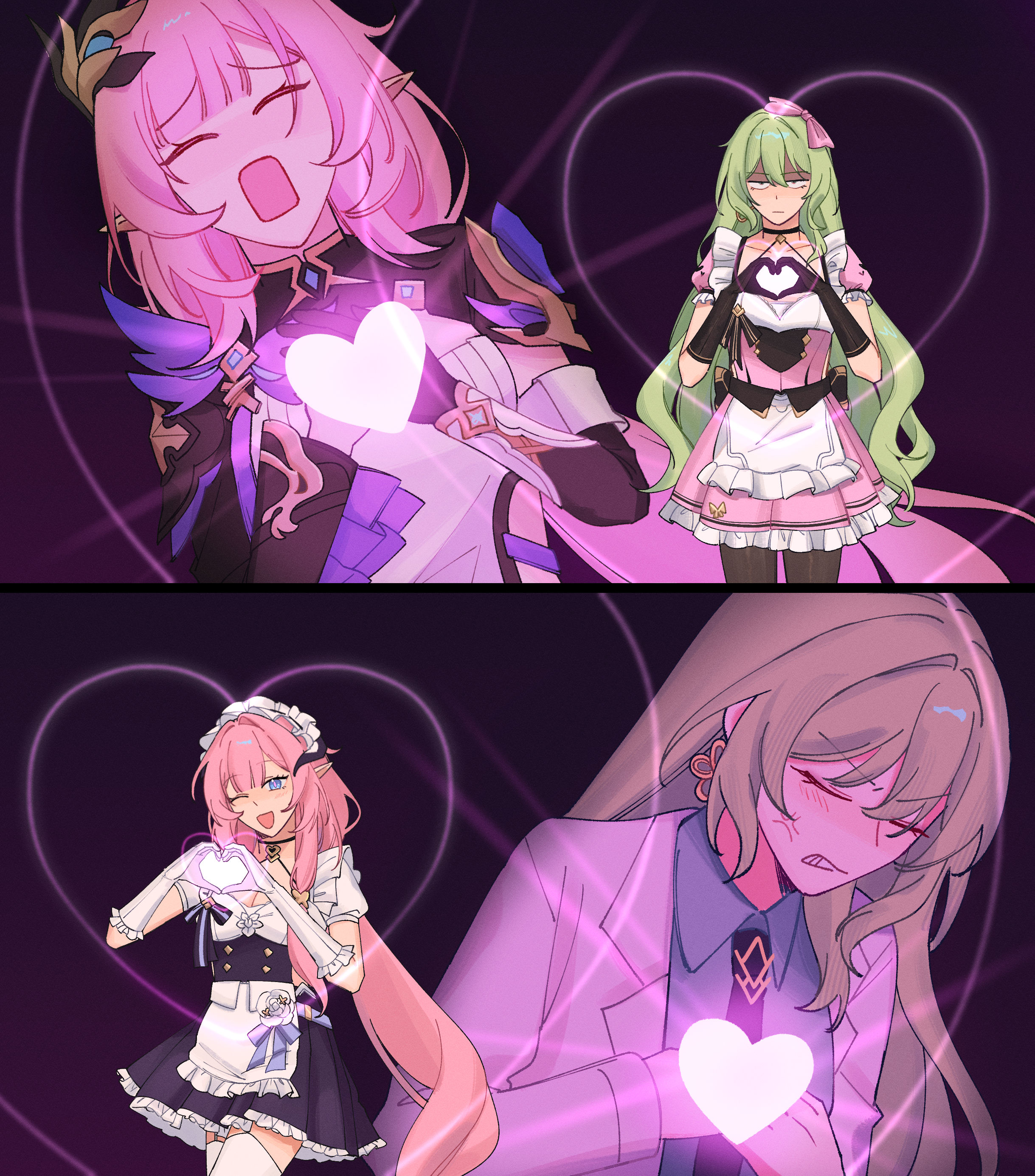 rena (rrena), elysia (honkai impact), elysia (miss pink) (honkai impact), elysia (miss pink elf) (honkai impact), mobius (honkai impact), mobius (mobius dressing) (honkai impact), mobius (pre-surgery) (honkai impact), honkai (series), honkai impact 3rd, absurdres, commentary, english commentary, highres, 2girls, ;o, apron, black dress, black gloves, black necktie, black pantyhose, black shrug, blue eyes, breasts, coat, collared shirt, corset, dress, earrings, elbow gloves, elf, fake horns, gloves, green shirt, hair ornament, horns, jewelry, lab coat, large breasts, long hair, maid, maid apron, maid headdress, multiple girls, necktie, official alternate costume, one eye closed, pantyhose, partially shaded face, pink dress, pink hair, pointy ears, puffy sleeves, purple background, shirt, shrug (clothing), thighhighs, very long hair, white apron, white coat, white corset, white gloves, white thighhighs, yuri