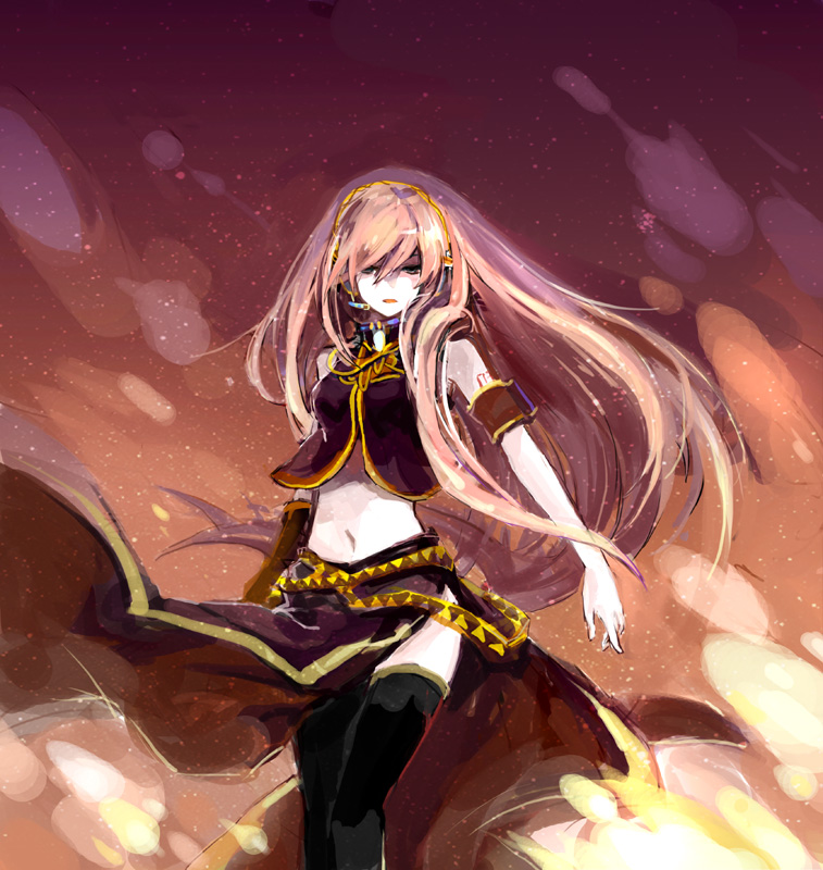i-riya, megurine luka, vocaloid, bad id, bad pixiv id, 1girl, female focus, long hair, midriff, pale skin, pink hair, solo, thighhighs